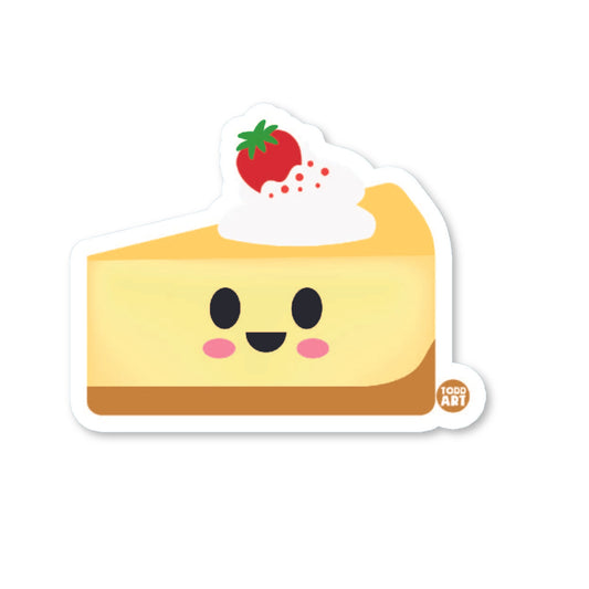 A die-cut vinyl sticker of a smiling cheesecake slice with a topping of a red strawberry on a white background.
