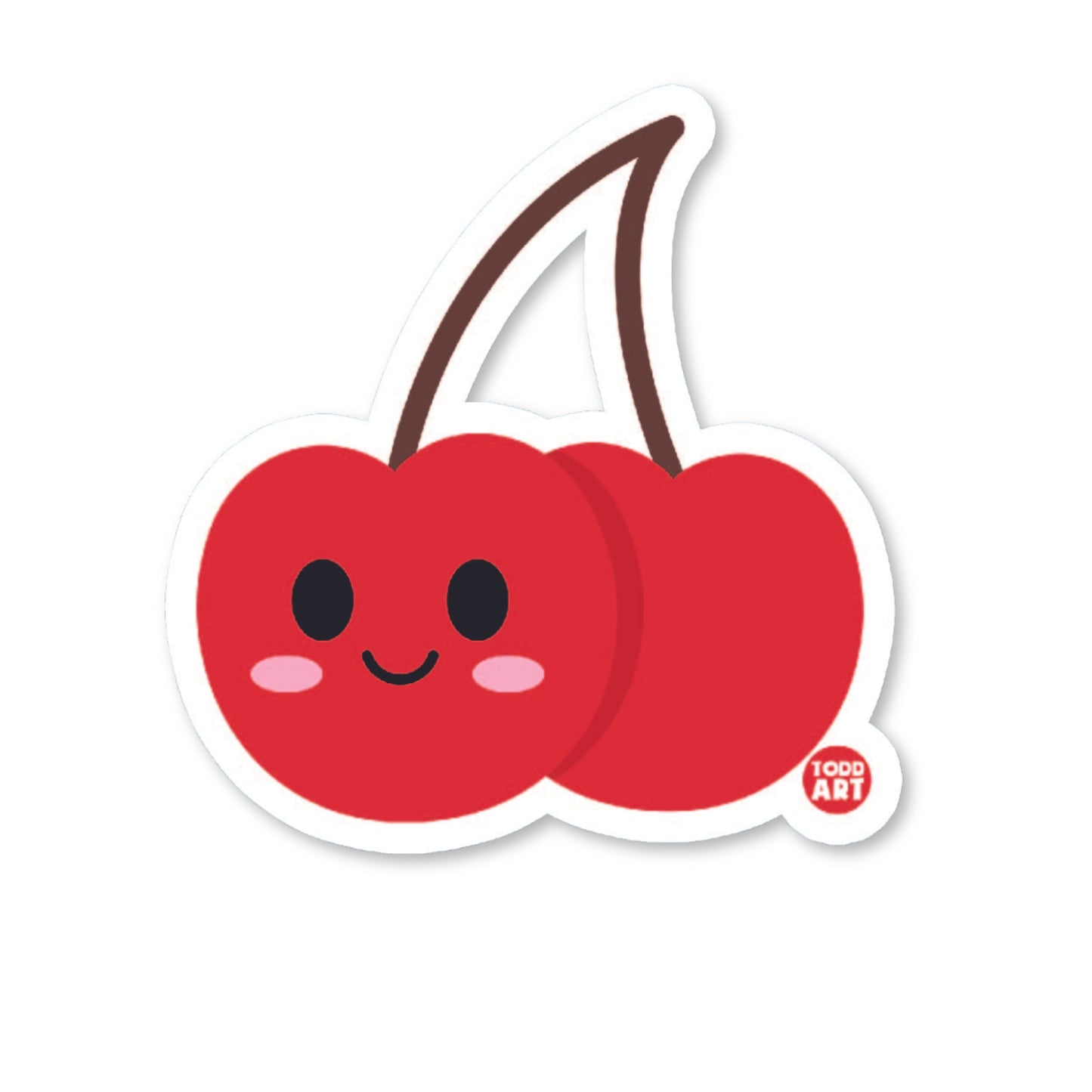 A red vinyl sticker with a cherry fruit design and a cartoon character face on it.