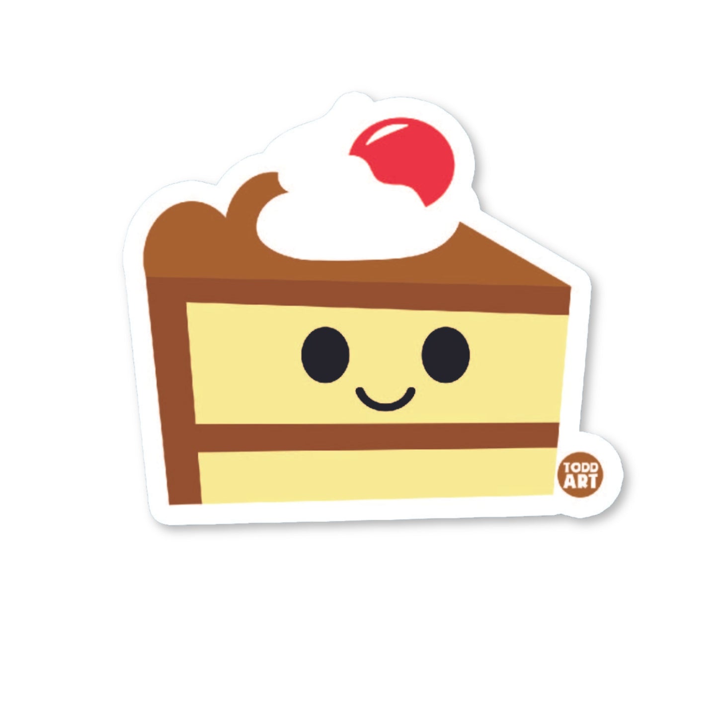 A die-cut vinyl sticker of a smiling slice of cake with a cherry on top.