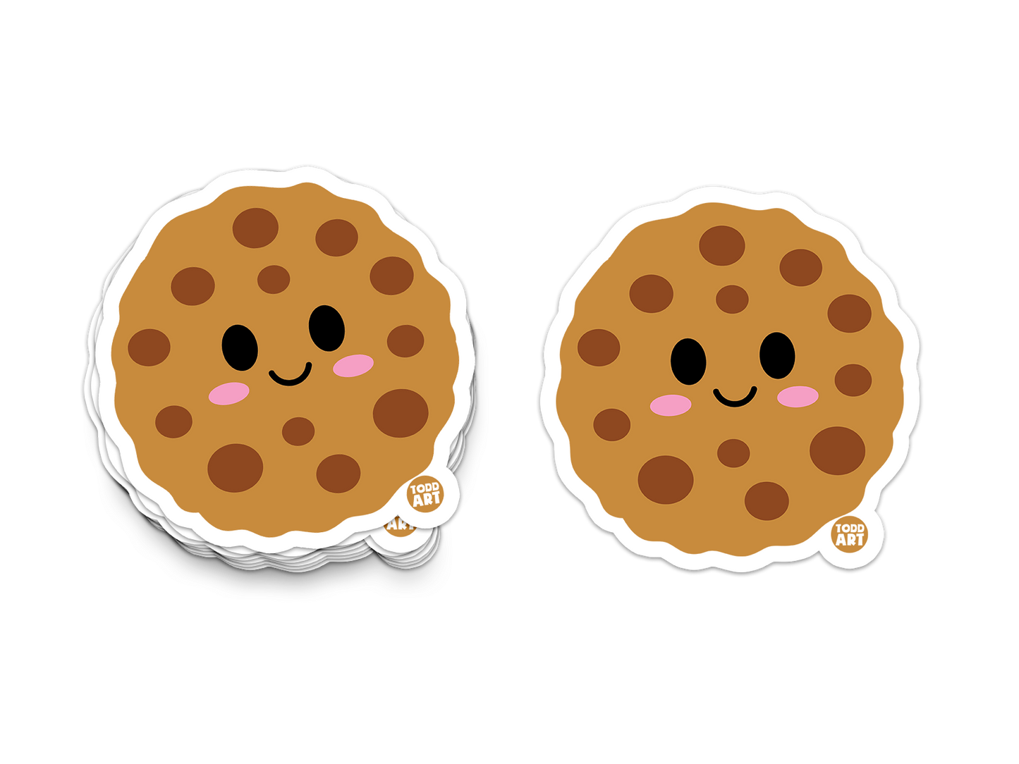 Smiling chocolate chip cookie sticker with big eyes and rosy cheeks