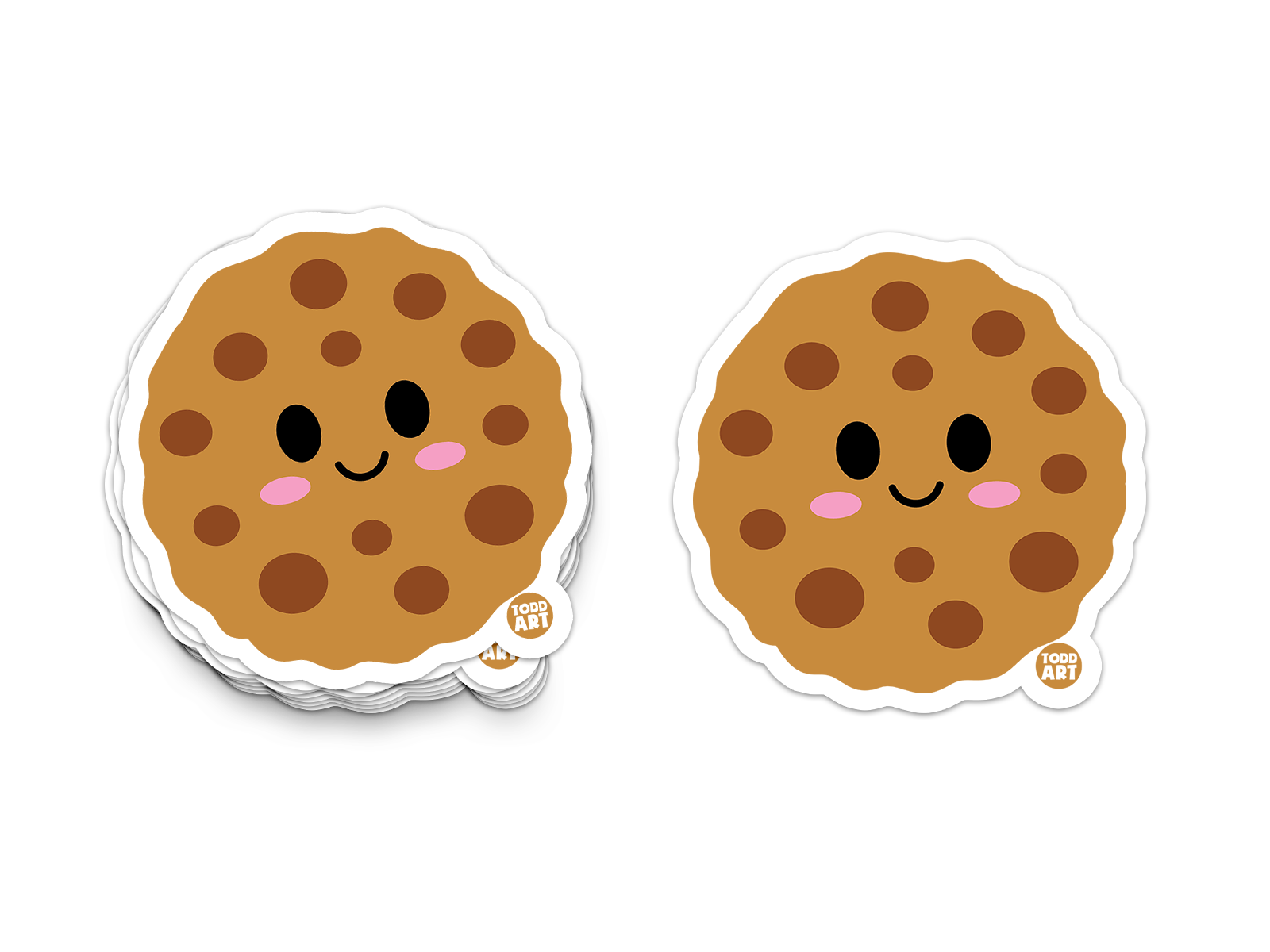 Smiling chocolate chip cookie sticker with big eyes and rosy cheeks