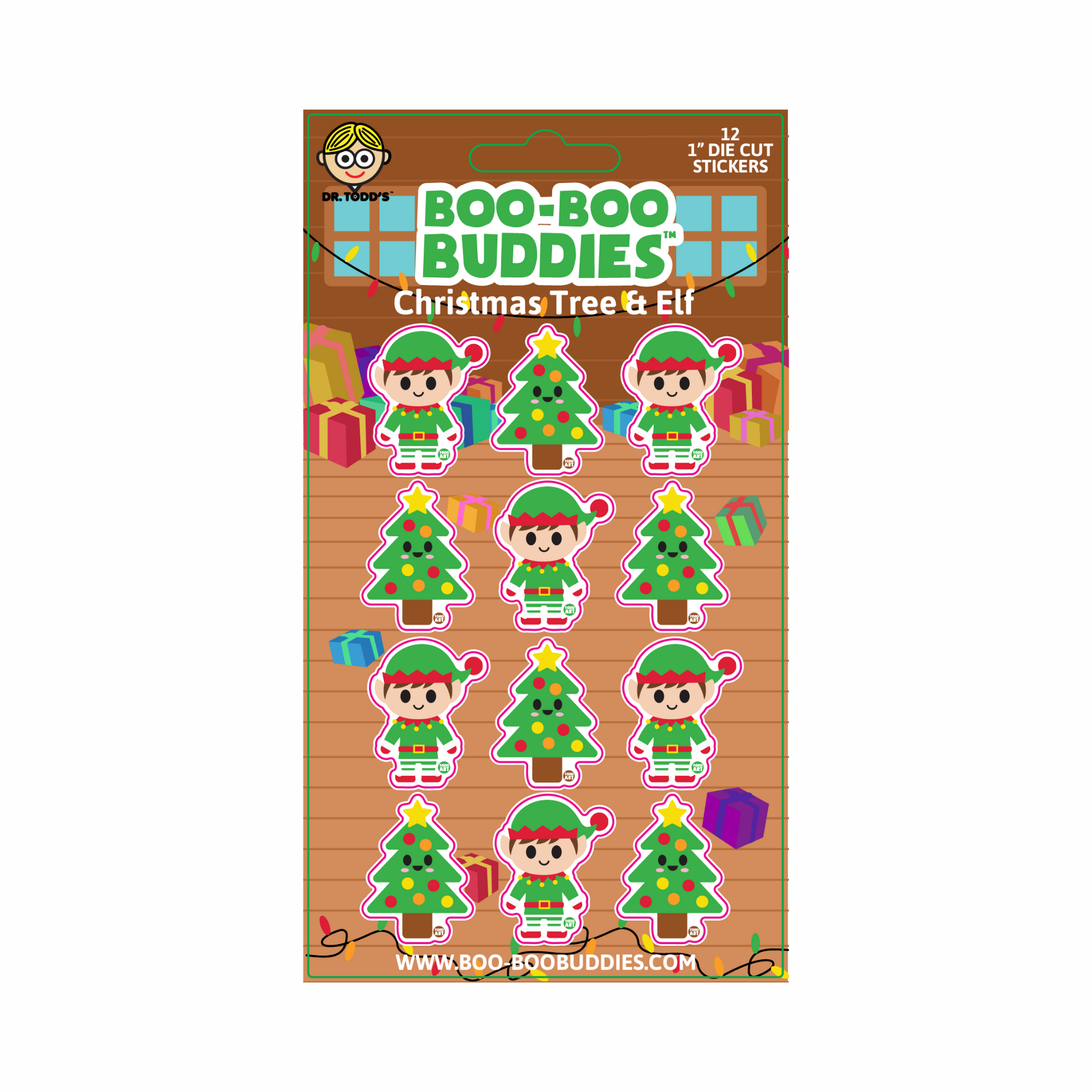 Boo-Boo Buddies® Christmas Tree & Elf Sticker Sheet featuring 12 festive 1-inch holiday stickers—includes 6 Christmas trees and 6 cheerful elves for gift bags, crafts, advent calendars, and stocking stuffers
