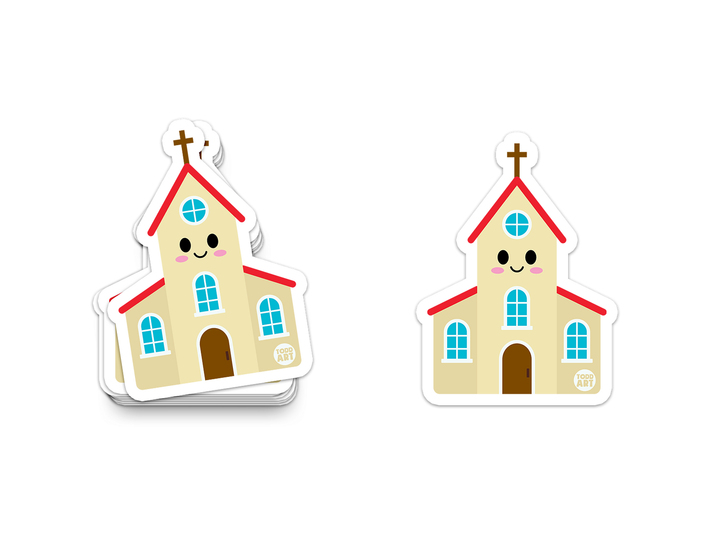 Cartoon church building with red roof and smiling face – faith-themed sticker from Boo Boo Buddies
