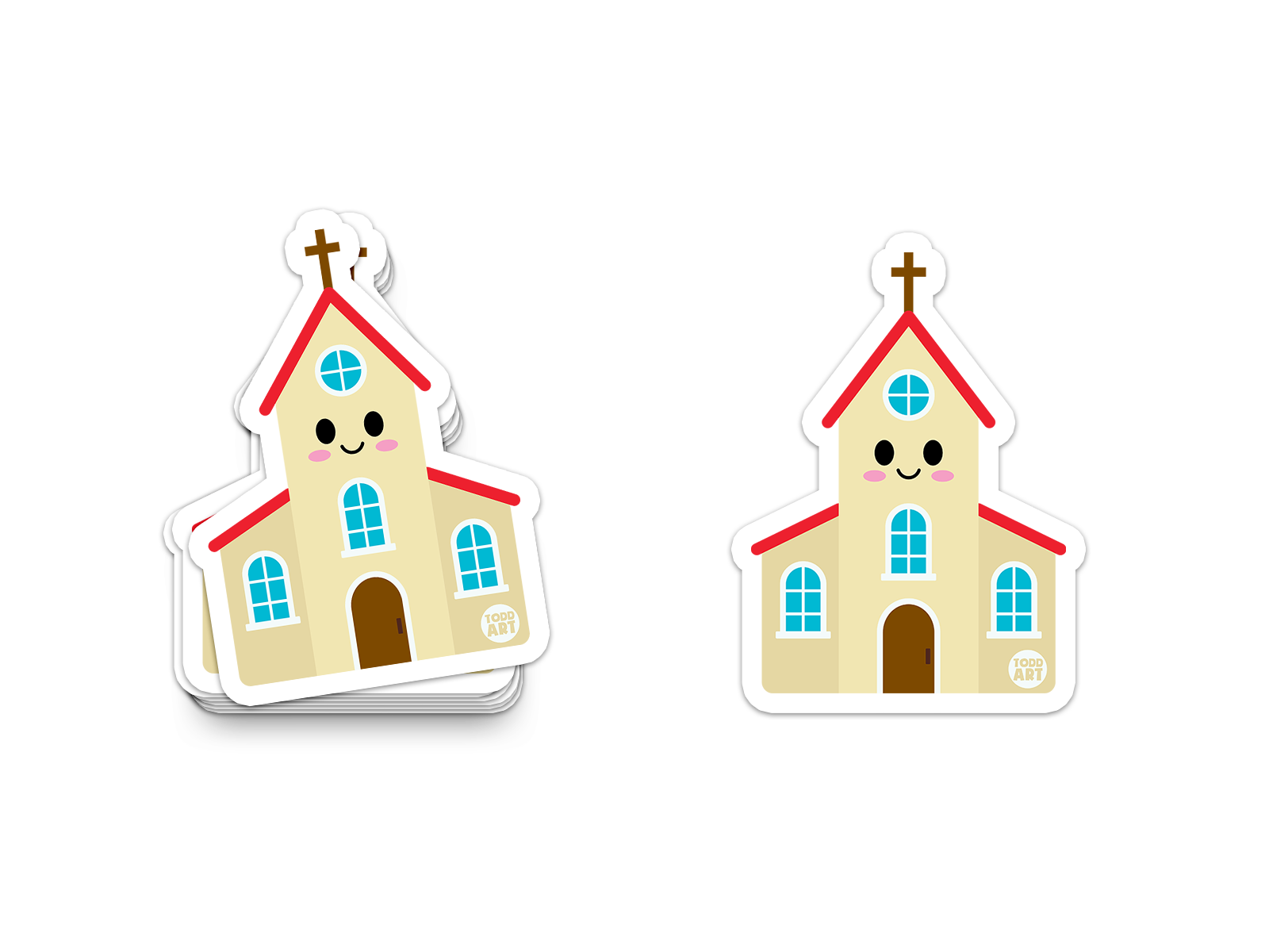 Cartoon church building with red roof and smiling face – faith-themed sticker from Boo Boo Buddies
