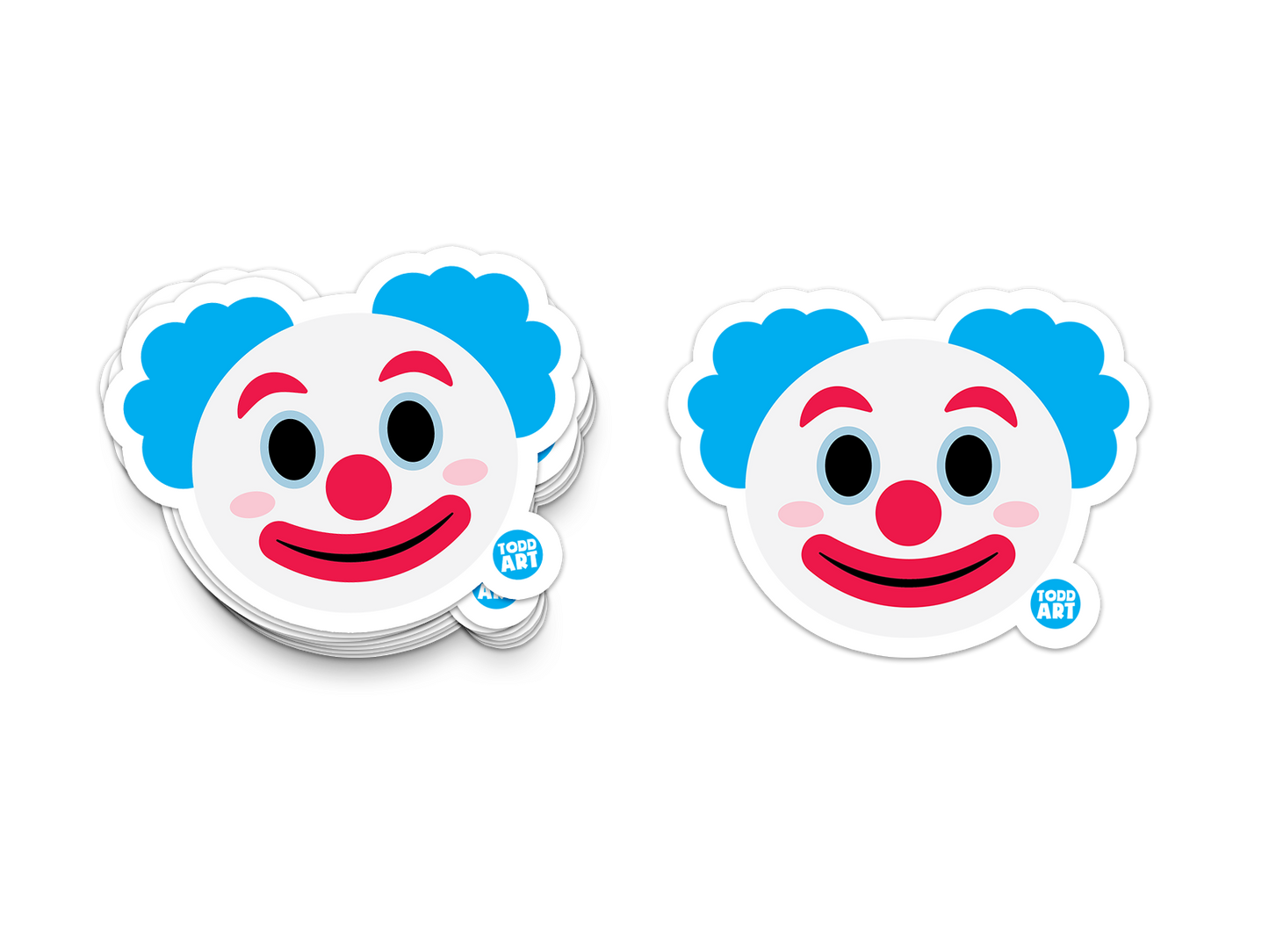 Funny clown face sticker with blue hair and red nose – playful carnival-style design from Boo Boo Buddies