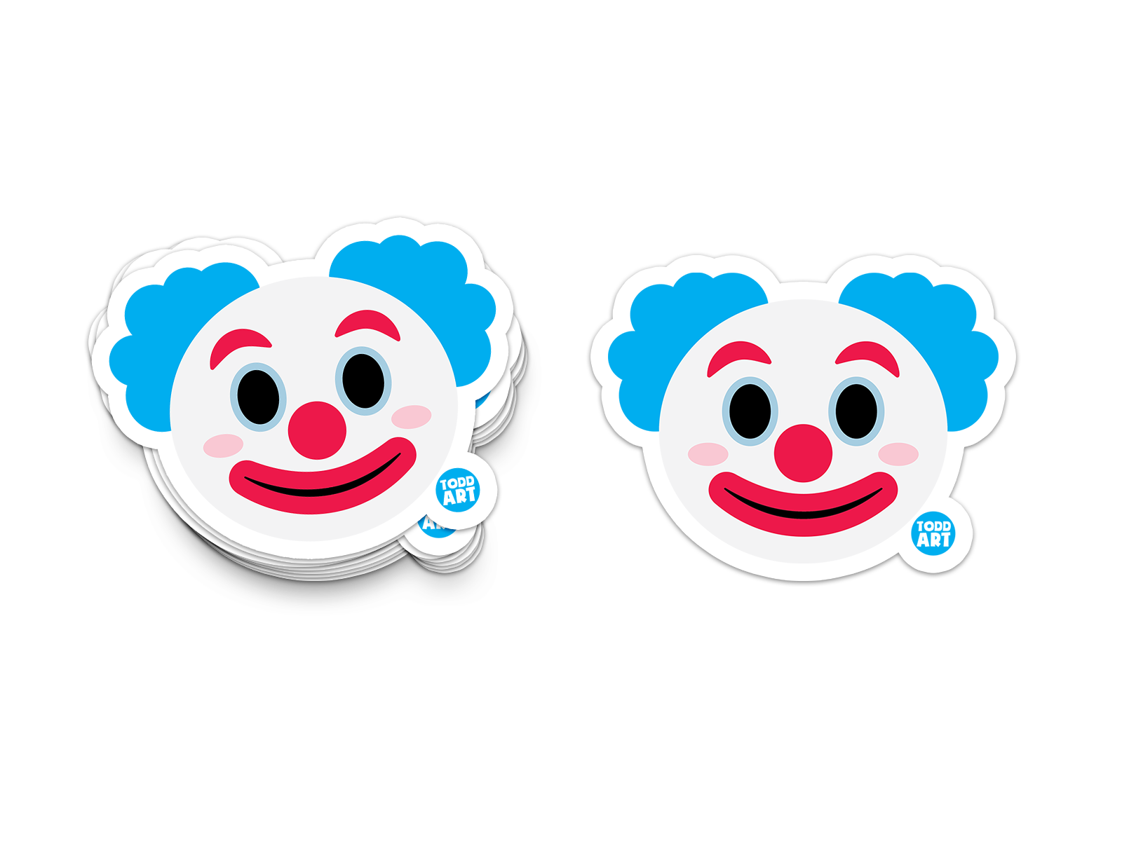 Funny clown face sticker with blue hair and red nose – playful carnival-style design from Boo Boo Buddies