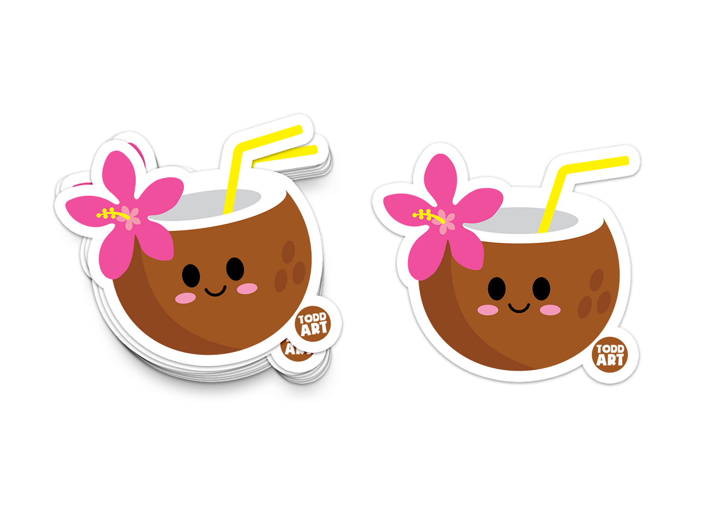 Tropical coconut drink with straw and pink flower – beachy collectible sticker
