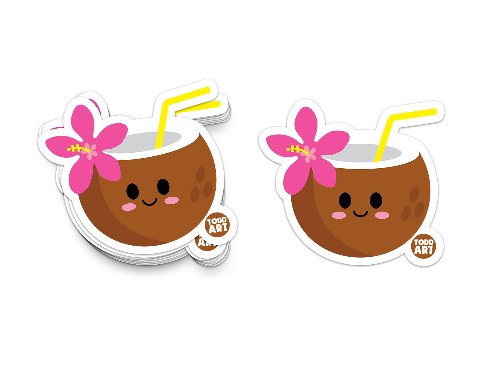 Tropical coconut drink with straw and pink flower – beachy collectible sticker
