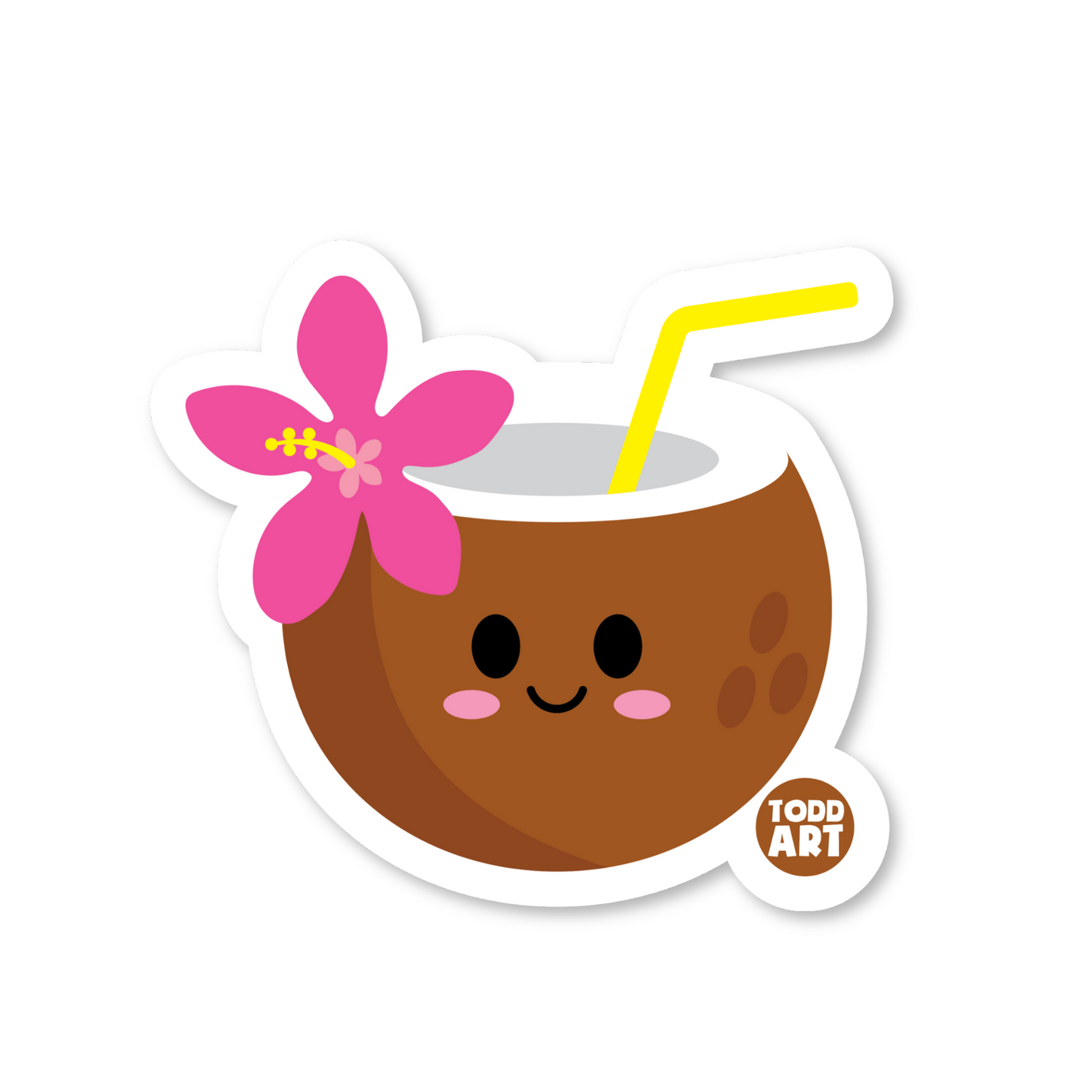 Tropical coconut drink with straw and pink flower – beachy collectible sticker
