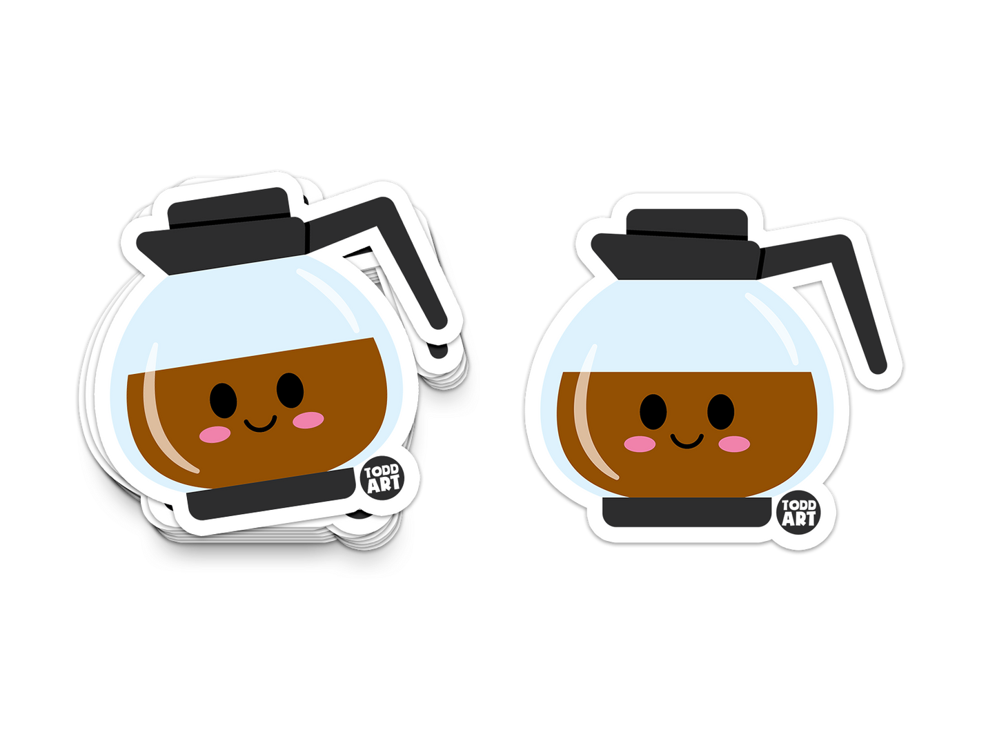 Smiling coffee carafe with brown brew – fun kitchen-themed sticker
