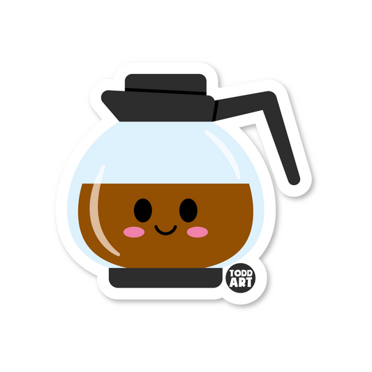 Smiling coffee carafe with brown brew – fun kitchen-themed sticker
