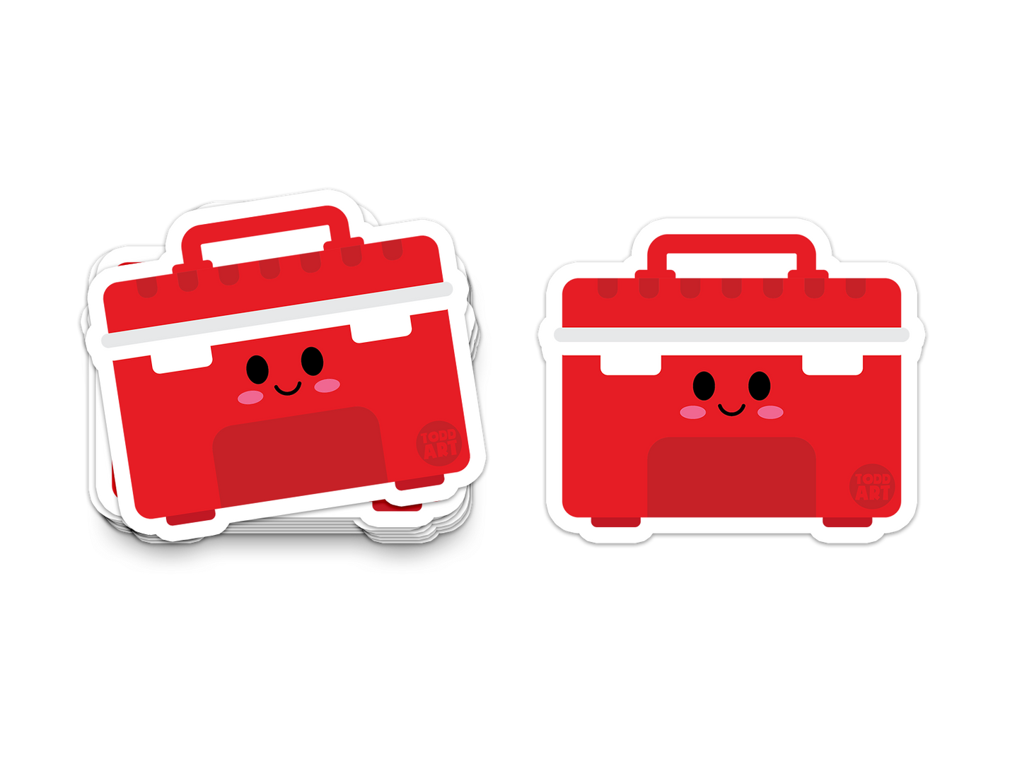 Red cooler sticker with smiling face and white lid
