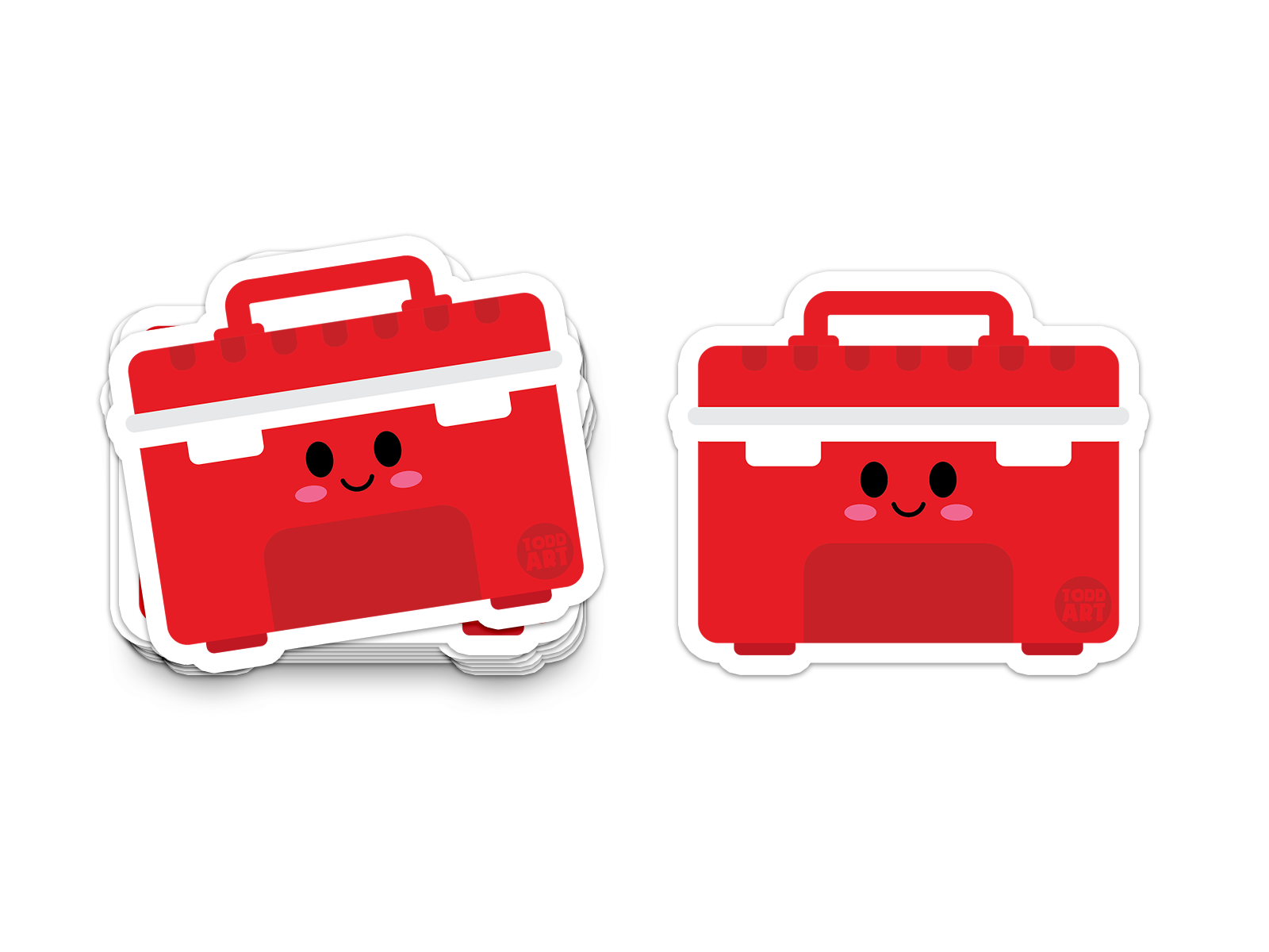 Red cooler sticker with smiling face and white lid