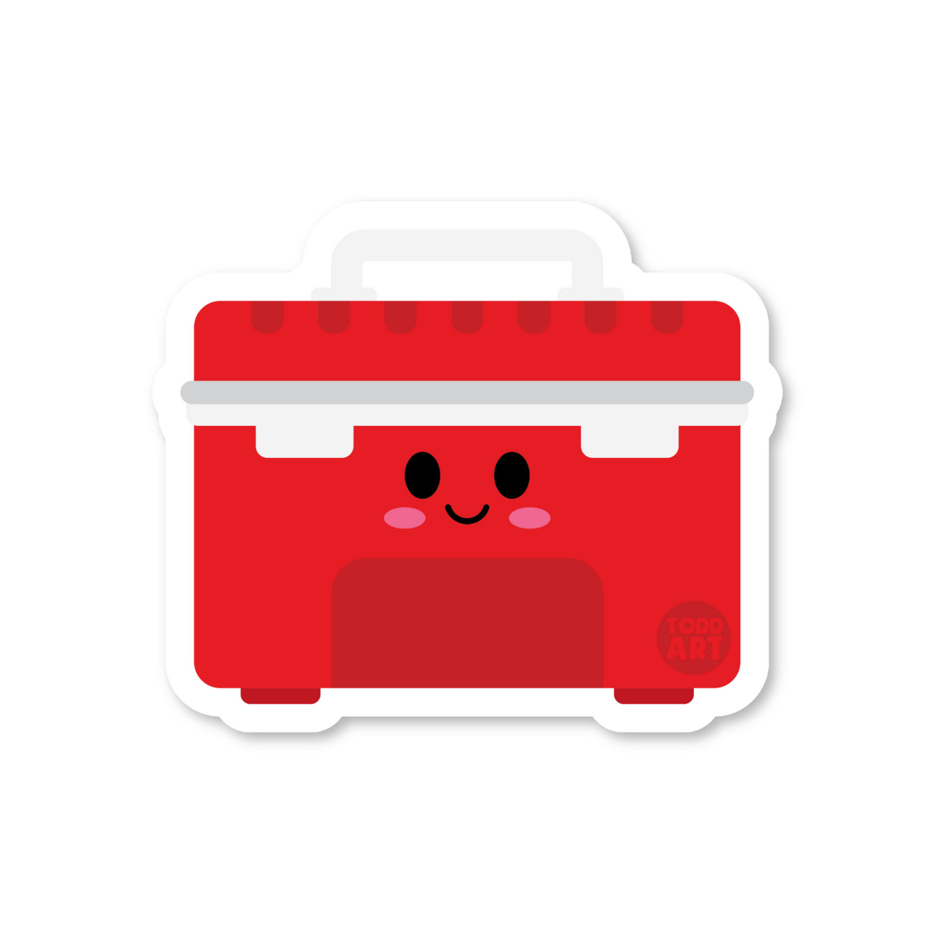 Red cooler sticker with smiling face and white lid