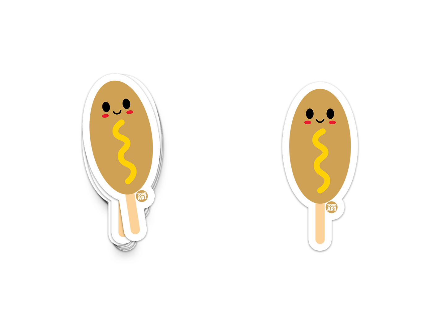 Happy corn dog on a stick with mustard squiggle and smiling face
