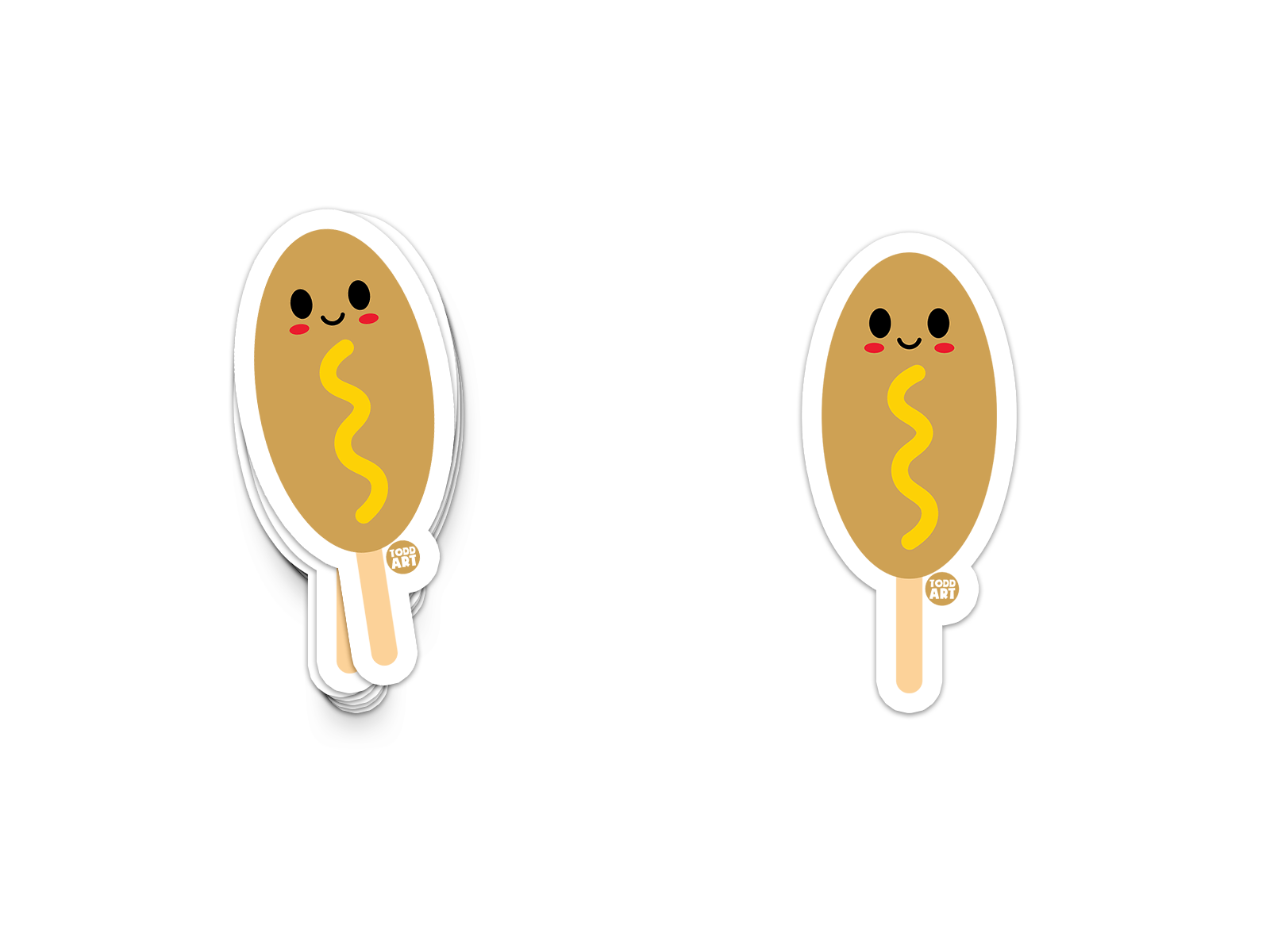 Happy corn dog on a stick with mustard squiggle and smiling face
