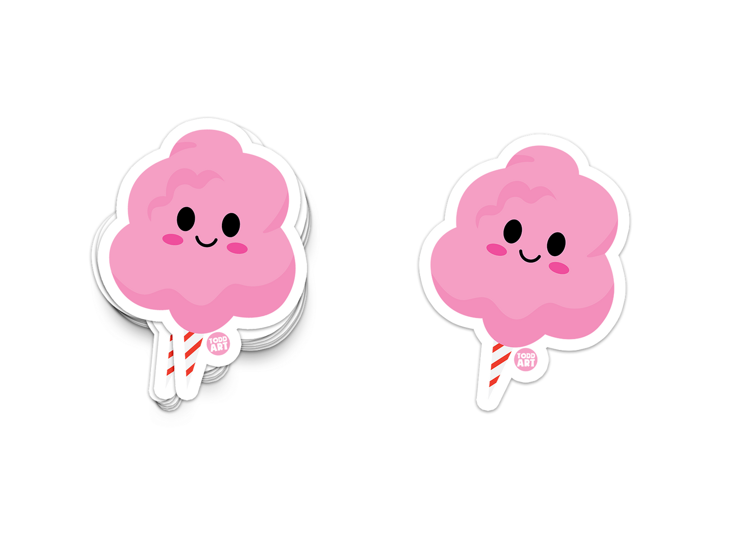 Fluffy pink cotton candy sticker with a cute face and striped stick

