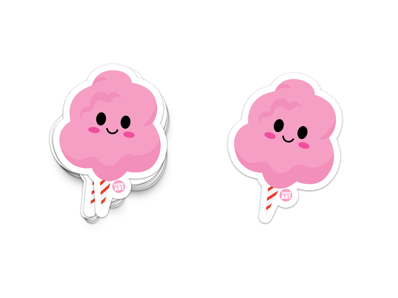 Fluffy pink cotton candy sticker with a cute face and striped stick

