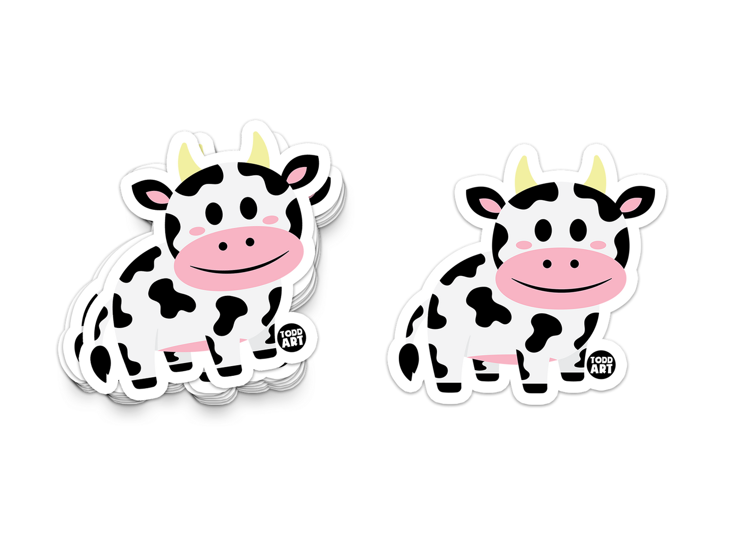 Adorable black and white cow sticker with pink cheeks and big smile
