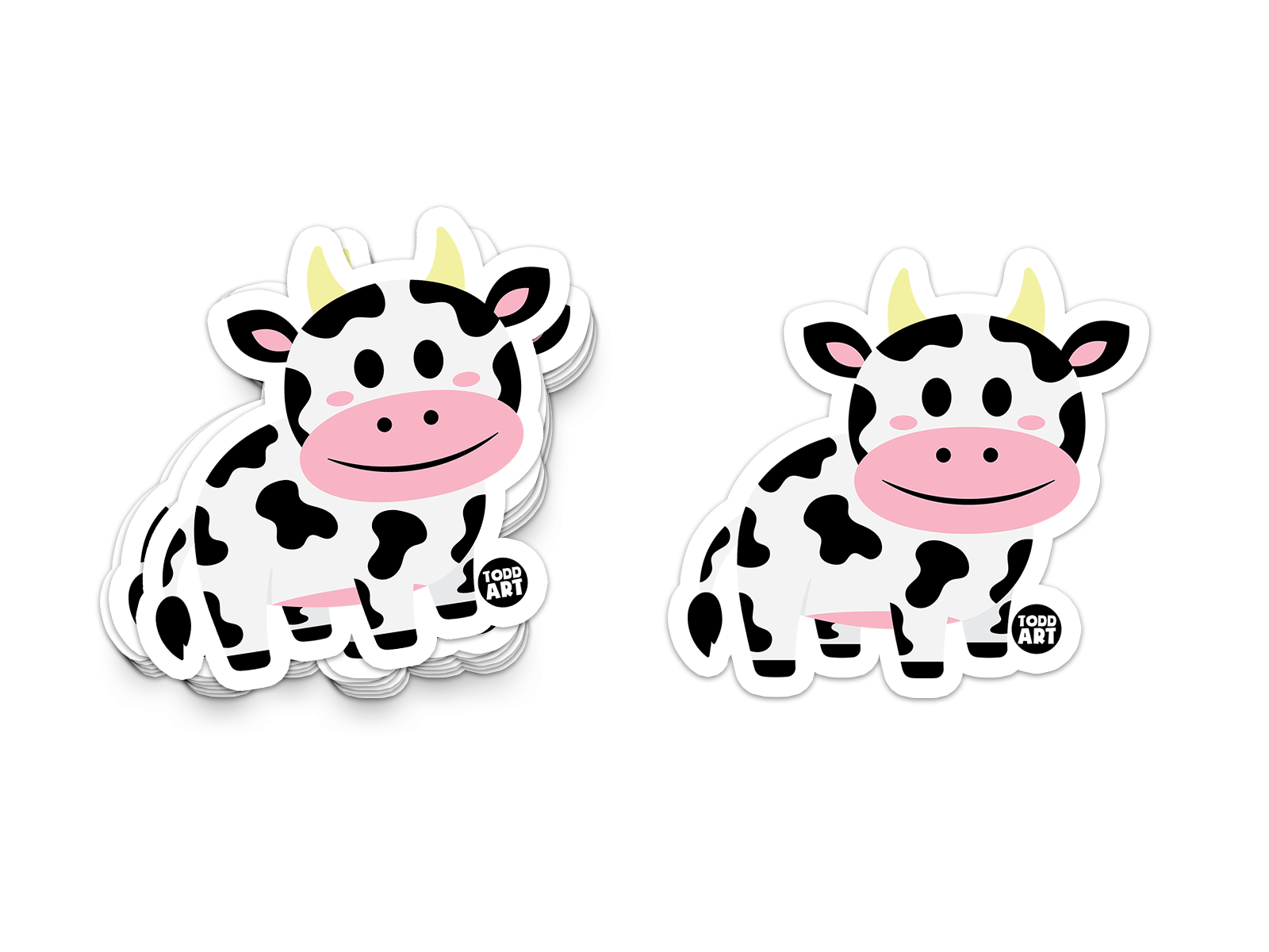 Adorable black and white cow sticker with pink cheeks and big smile
