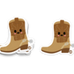 Smiling cowboy boot sticker with spurs and stitched design
