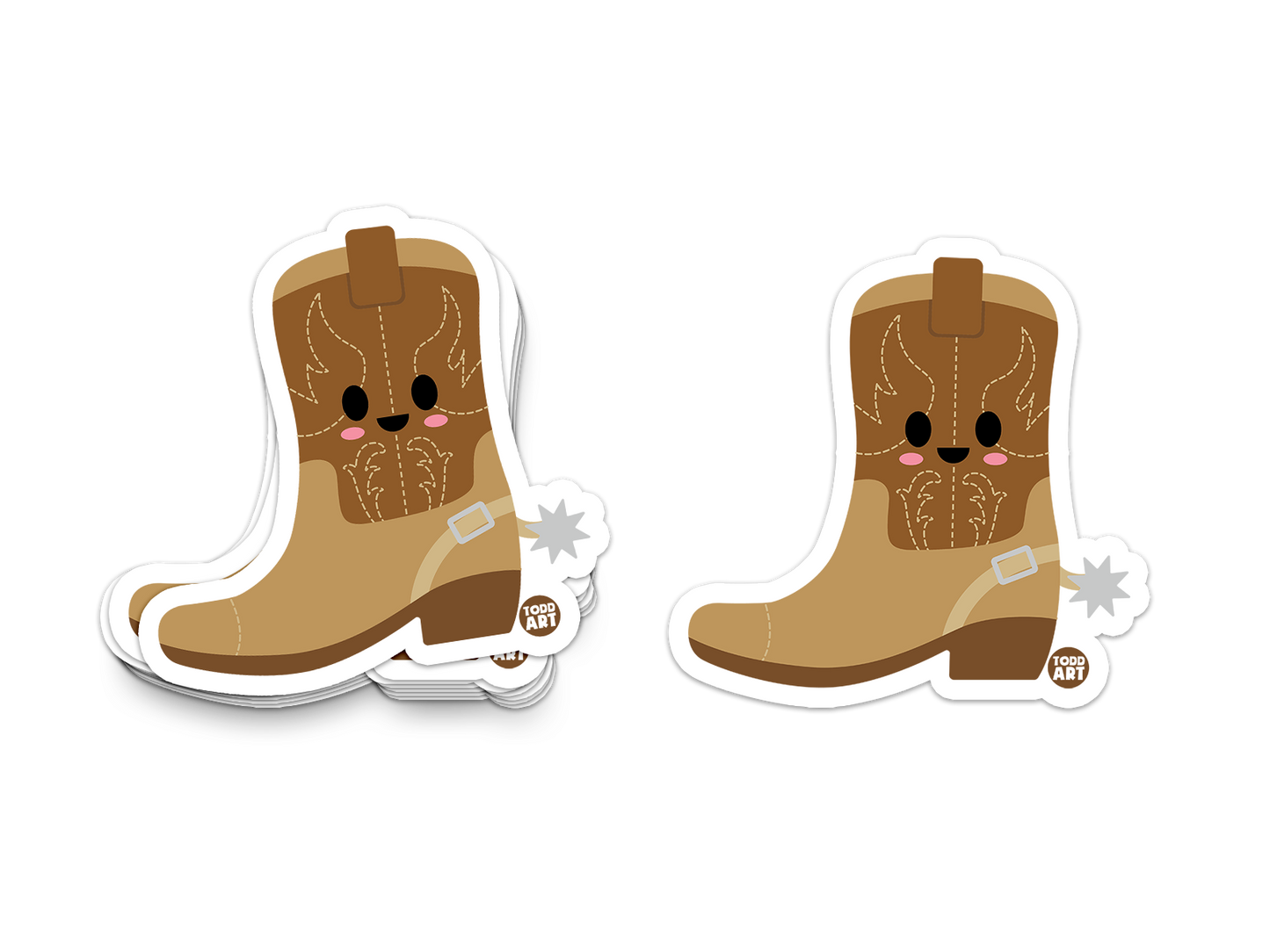 Smiling cowboy boot sticker with spurs and stitched design

