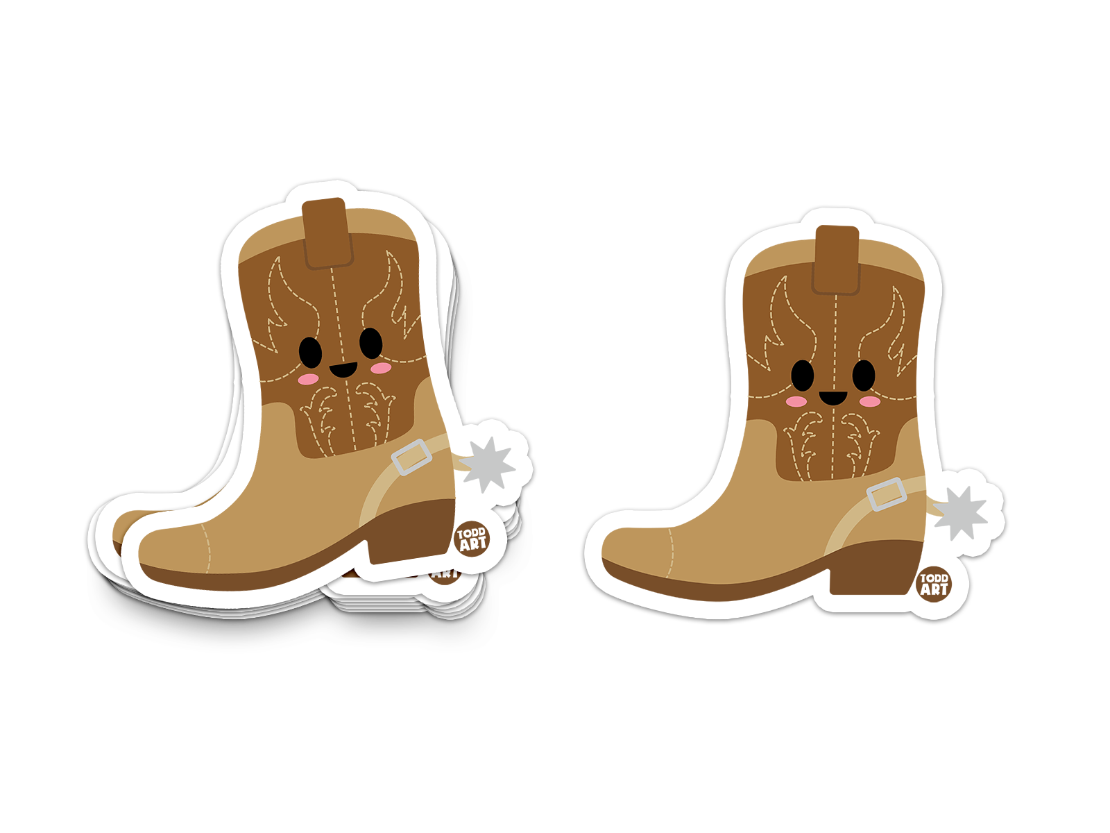 Smiling cowboy boot sticker with spurs and stitched design
