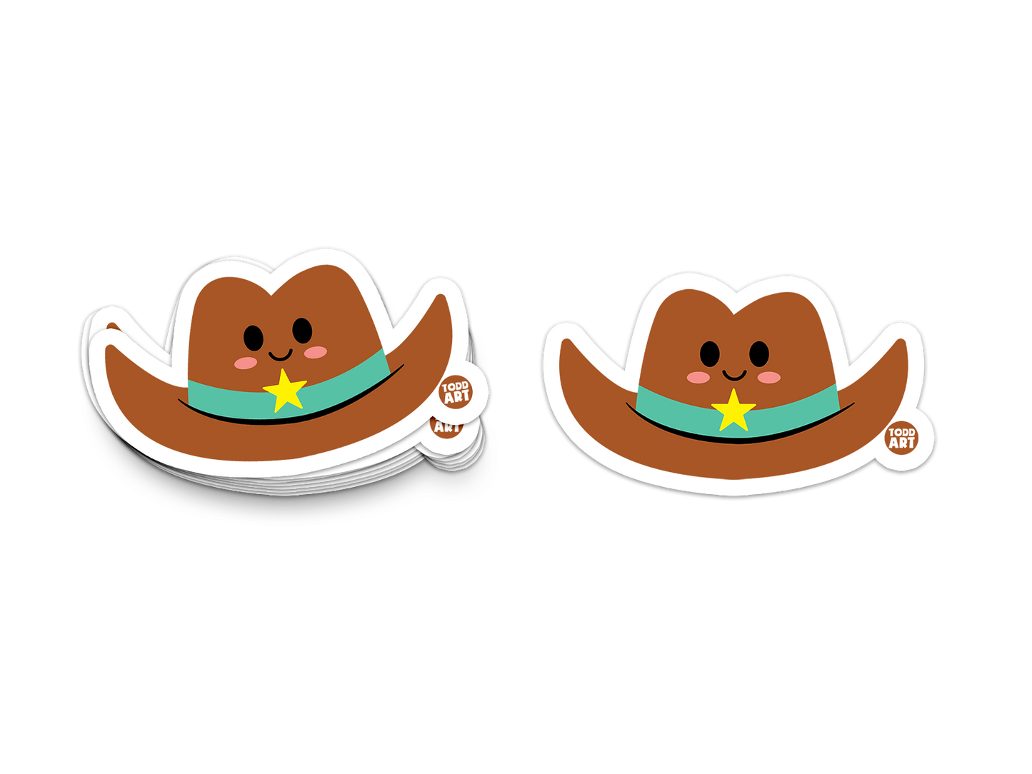Cowboy hat sticker with a happy face and sheriff star, from the Boo Boo Buddies sticker line.
