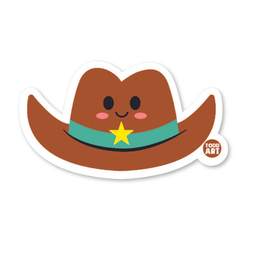 Cowboy hat sticker with a happy face and sheriff star, from the Boo Boo Buddies sticker line.

