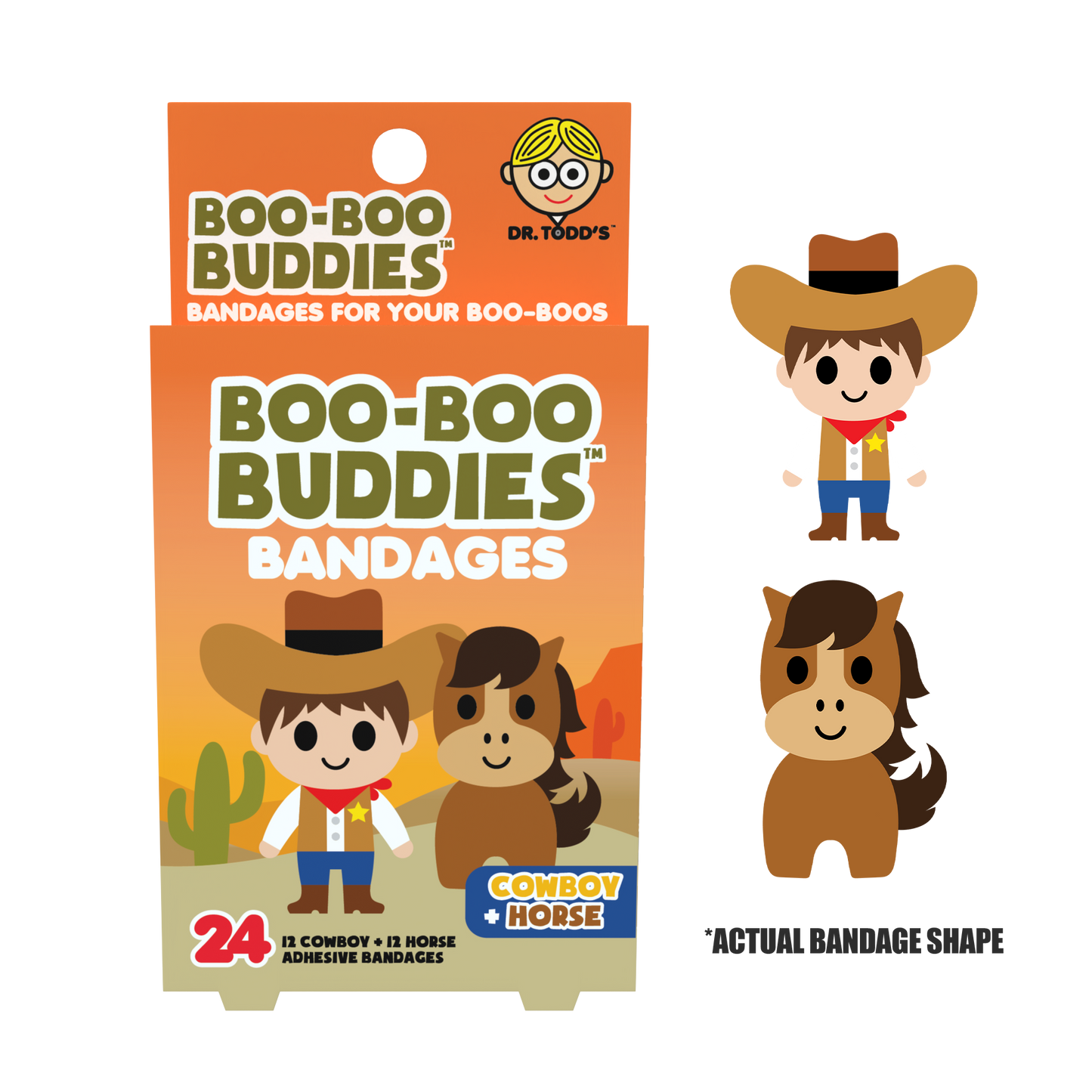 Cowboy & Horse Bandages for Kids – Waterproof, Latex-Free, 24 Count | Dr. Todd’s Boo-Boo Buddies®