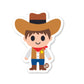 A die-cut vinyl sticker of a cartoon cowboy character with a brown hat, blue shirt, and red bandana.