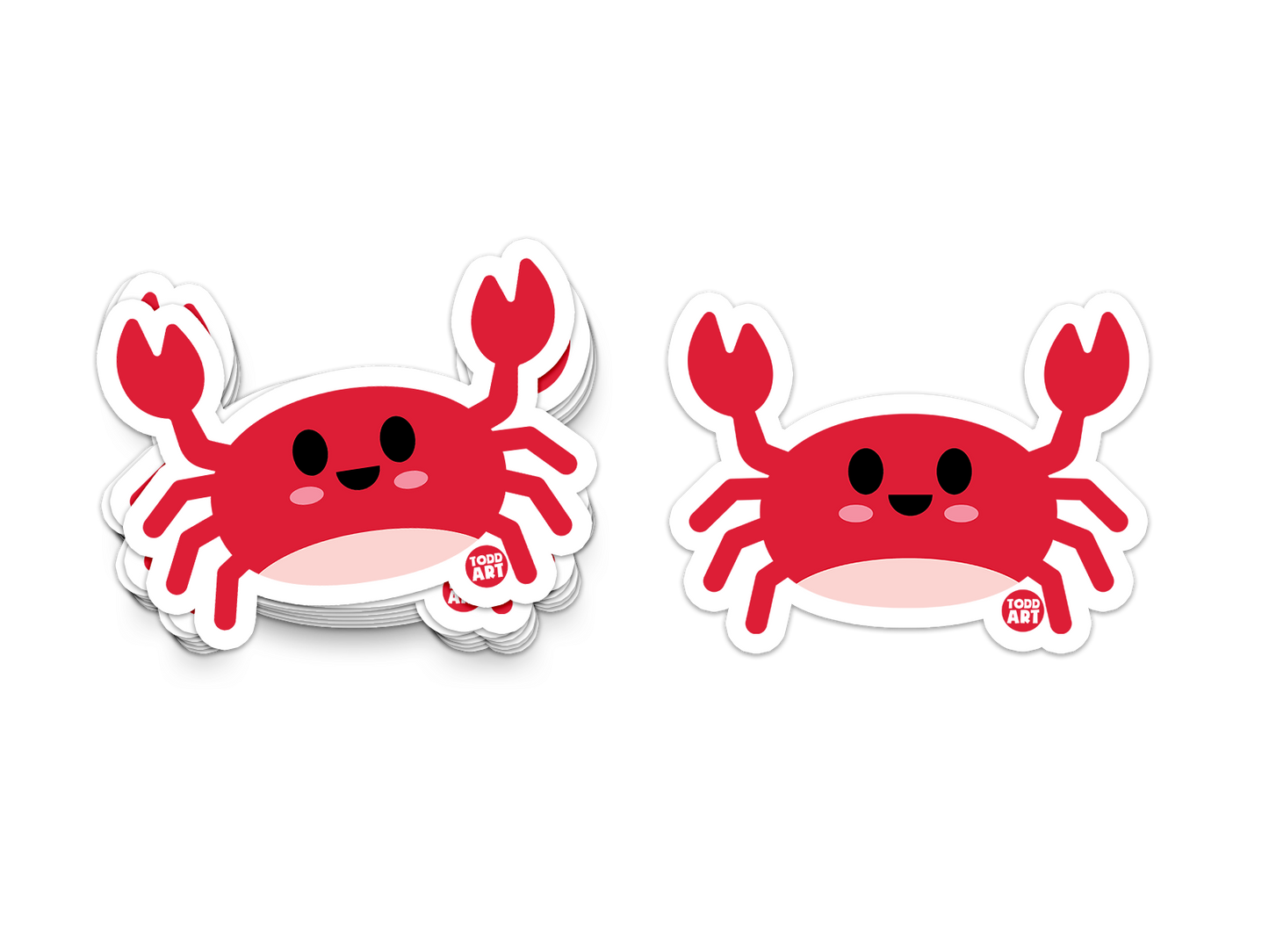 Cute red crab sticker with a happy face and raised claws, from the Boo Boo Buddies sticker series.
