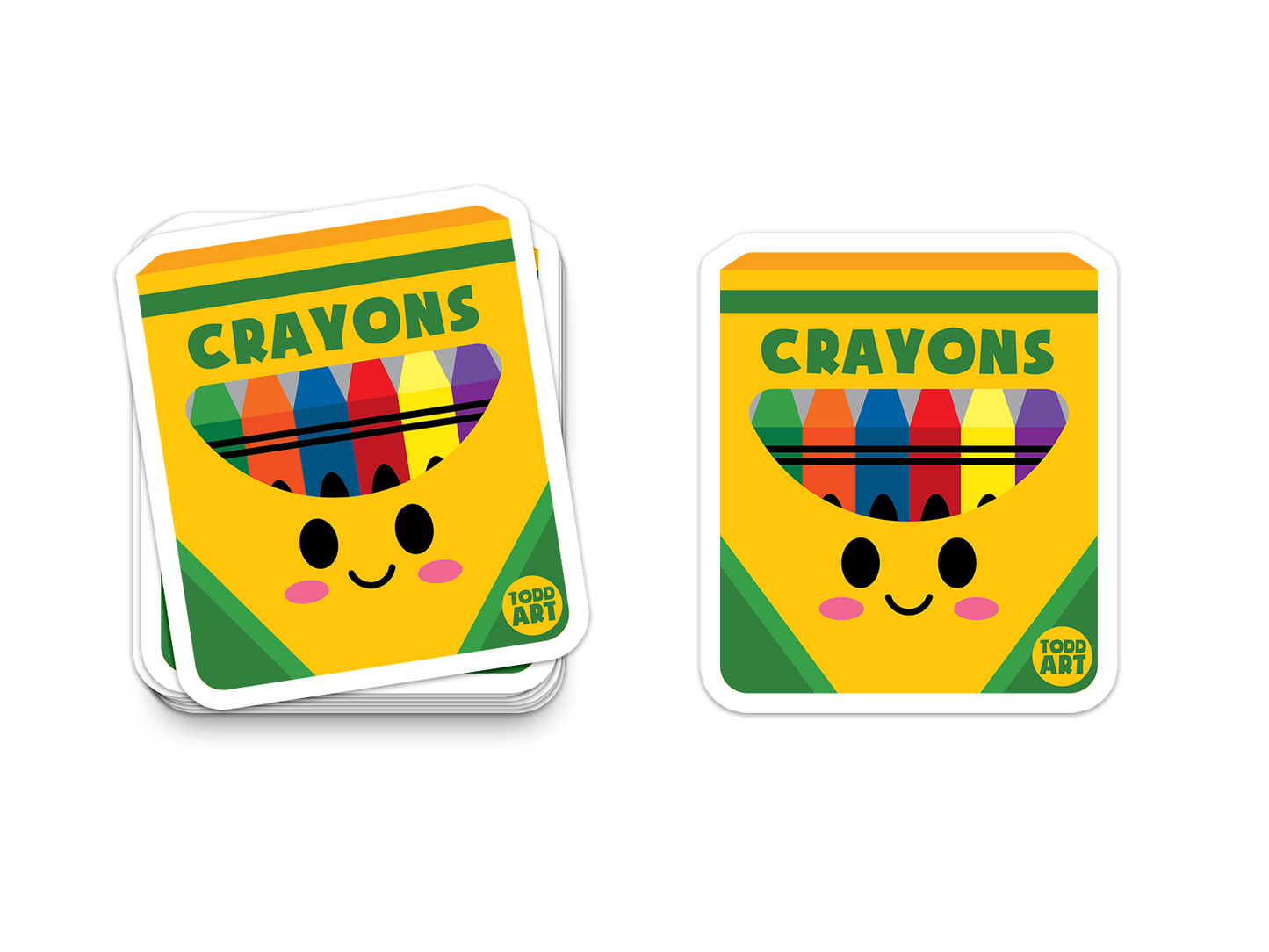 Crayon box sticker with smiling face and colorful crayons, from the Boo Boo Buddies sticker collection.
