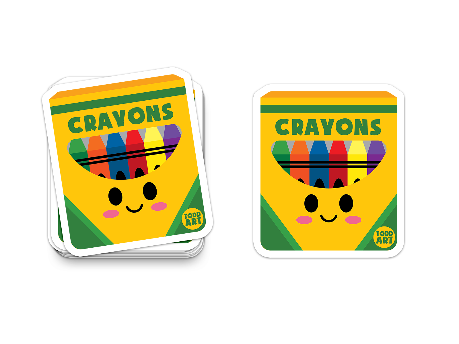 Crayon box sticker with smiling face and colorful crayons, from the Boo Boo Buddies sticker collection.

