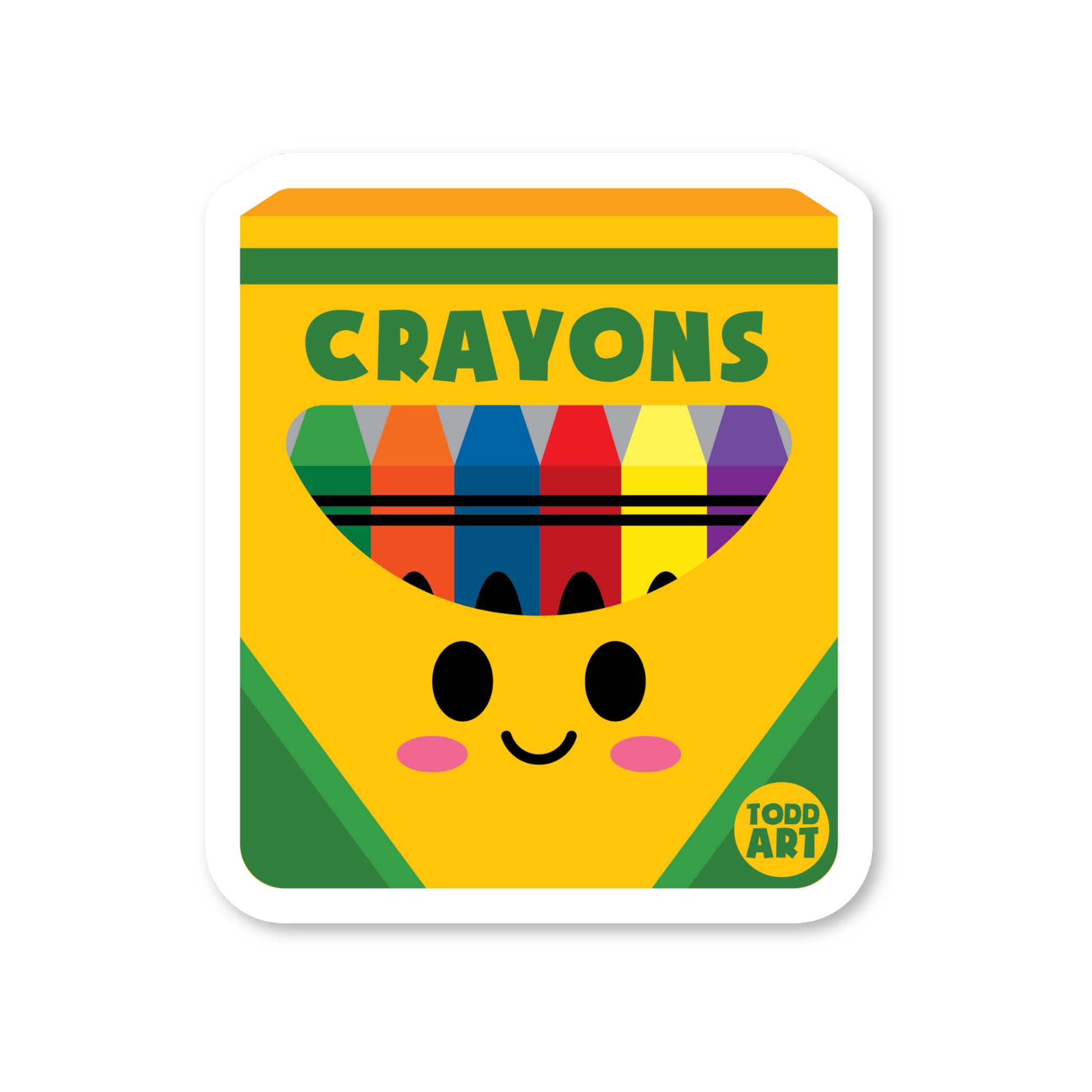 Crayon box sticker with smiling face and colorful crayons, from the Boo Boo Buddies sticker collection.
