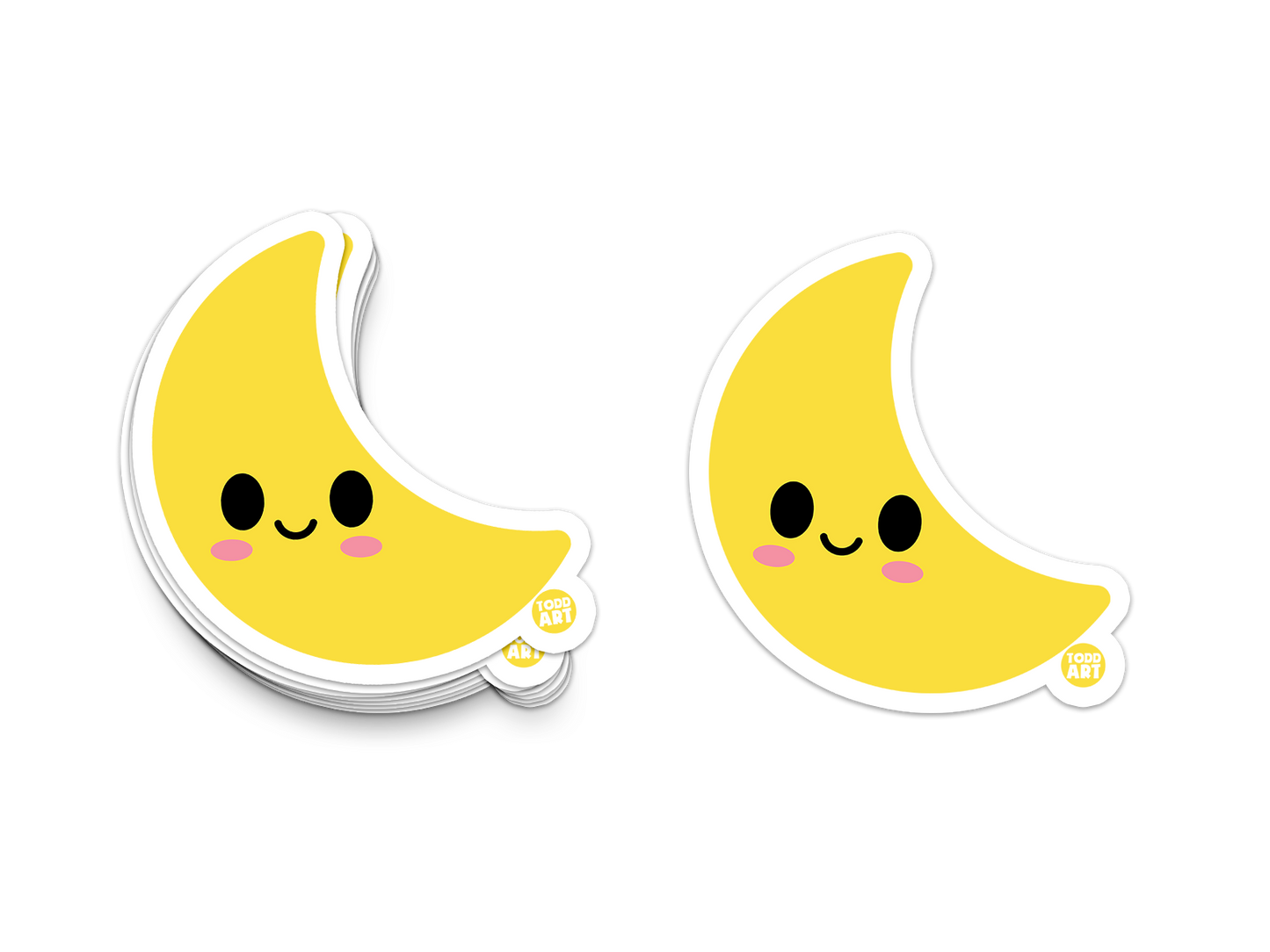 Cute crescent moon sticker with a happy face and blush cheeks, perfect for decorating laptops, water bottles, notebooks, or as part of your celestial-themed collection.