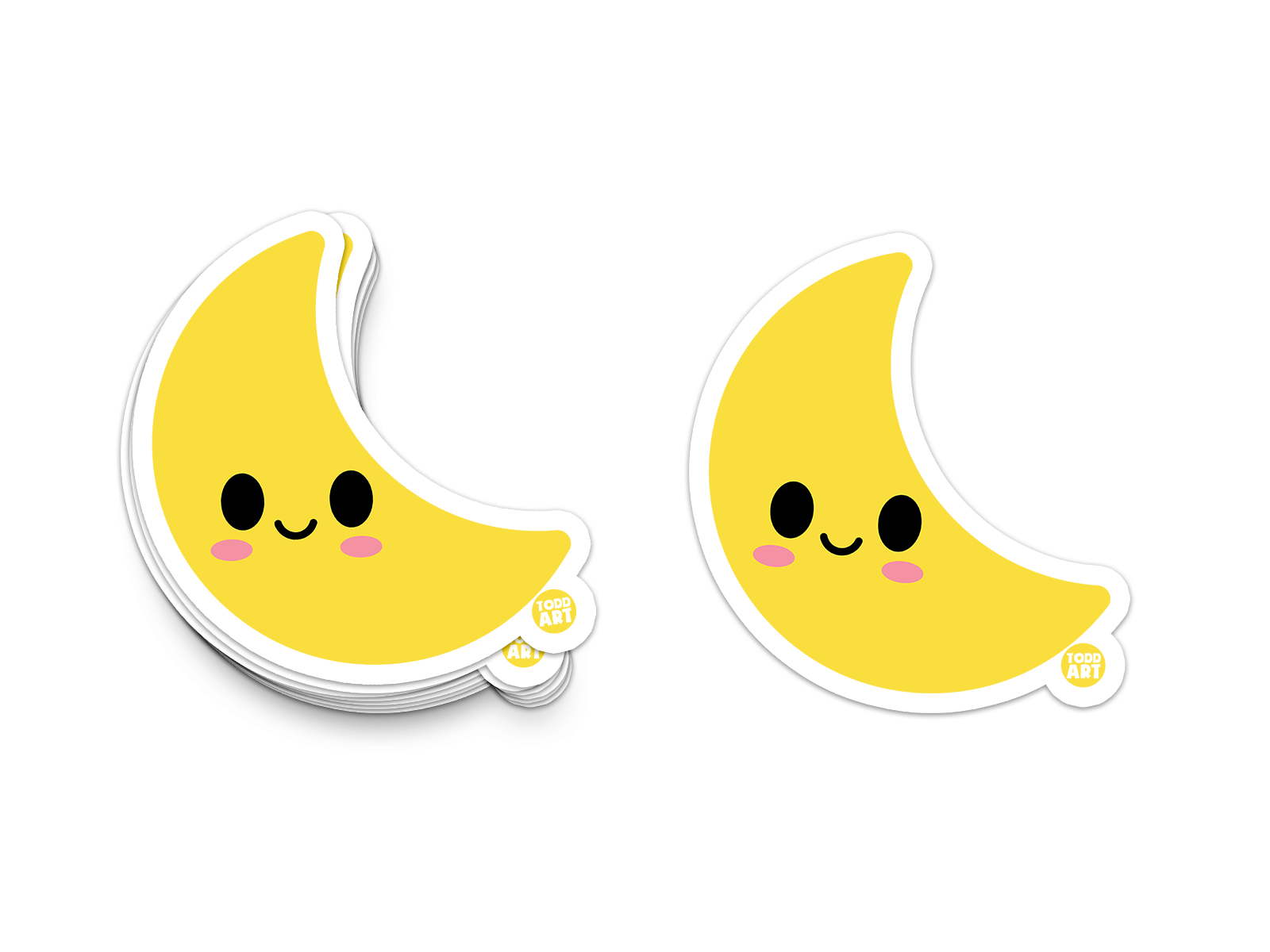 Cute crescent moon sticker with a happy face and blush cheeks, perfect for decorating laptops, water bottles, notebooks, or as part of your celestial-themed collection.