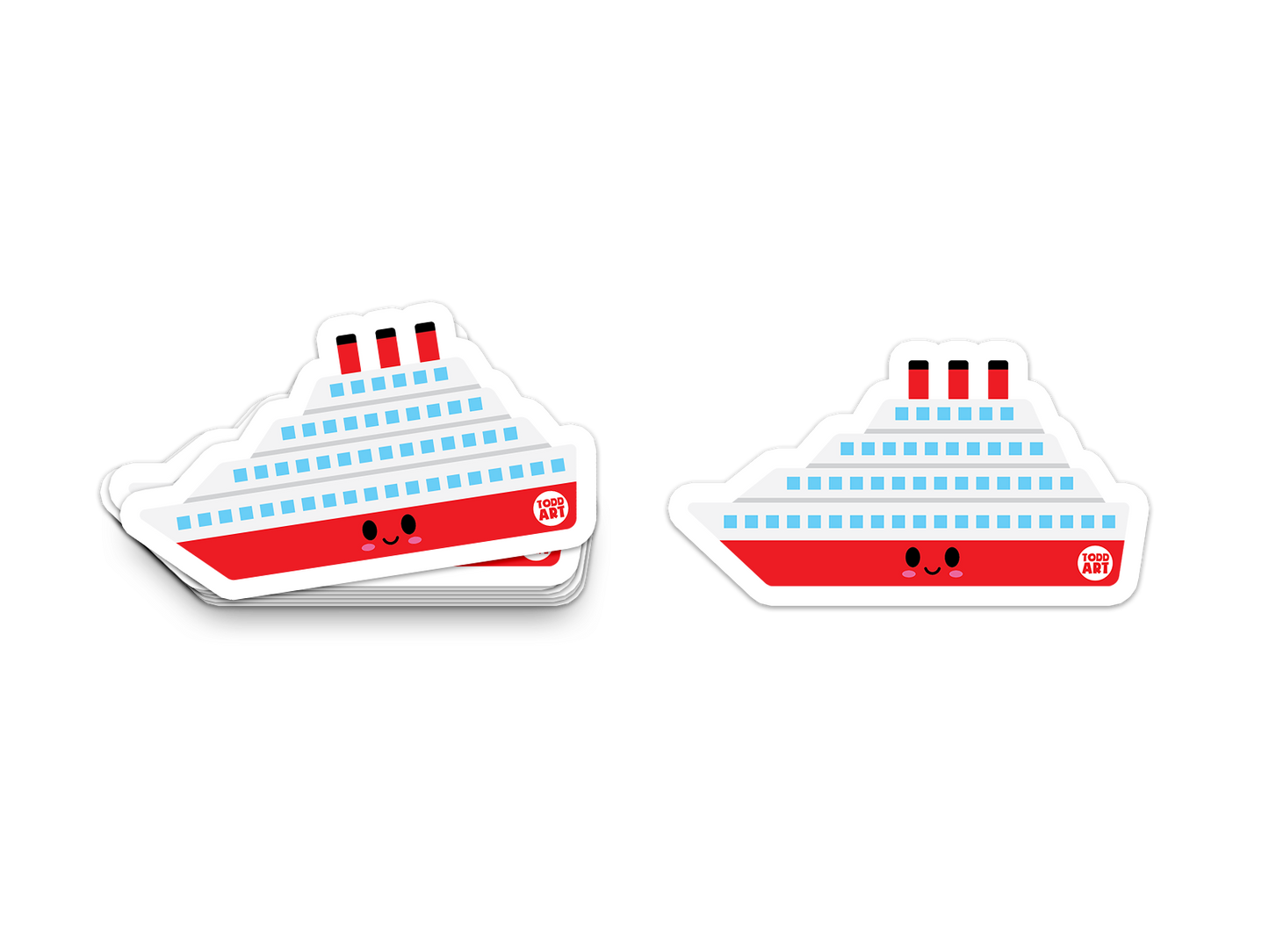 Adorable cruise ship sticker with smiling face and red base
