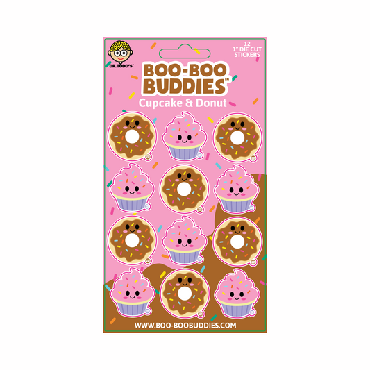 Boo-Boo Buddies® Cupcake & Donut Sticker Sheet with 12 collectible 1-inch dessert stickers—features adorable pink cupcakes and sprinkle-covered donuts, great for planners, party favors, classroom rewards, or decorating lunchboxes and laptops

