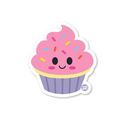 Smiling cupcake sticker with pink frosting and rainbow sprinkles