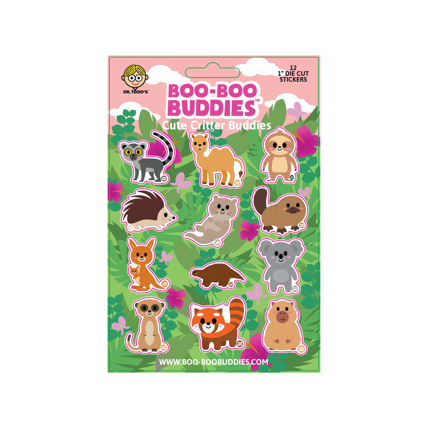 Boo-Boo Buddies® Cute Critter Buddies Sticker Sheet featuring 12 adorable 1-inch animal stickers—includes pangolin, red panda, koala, meerkat, and more for crafts and kids' activities
