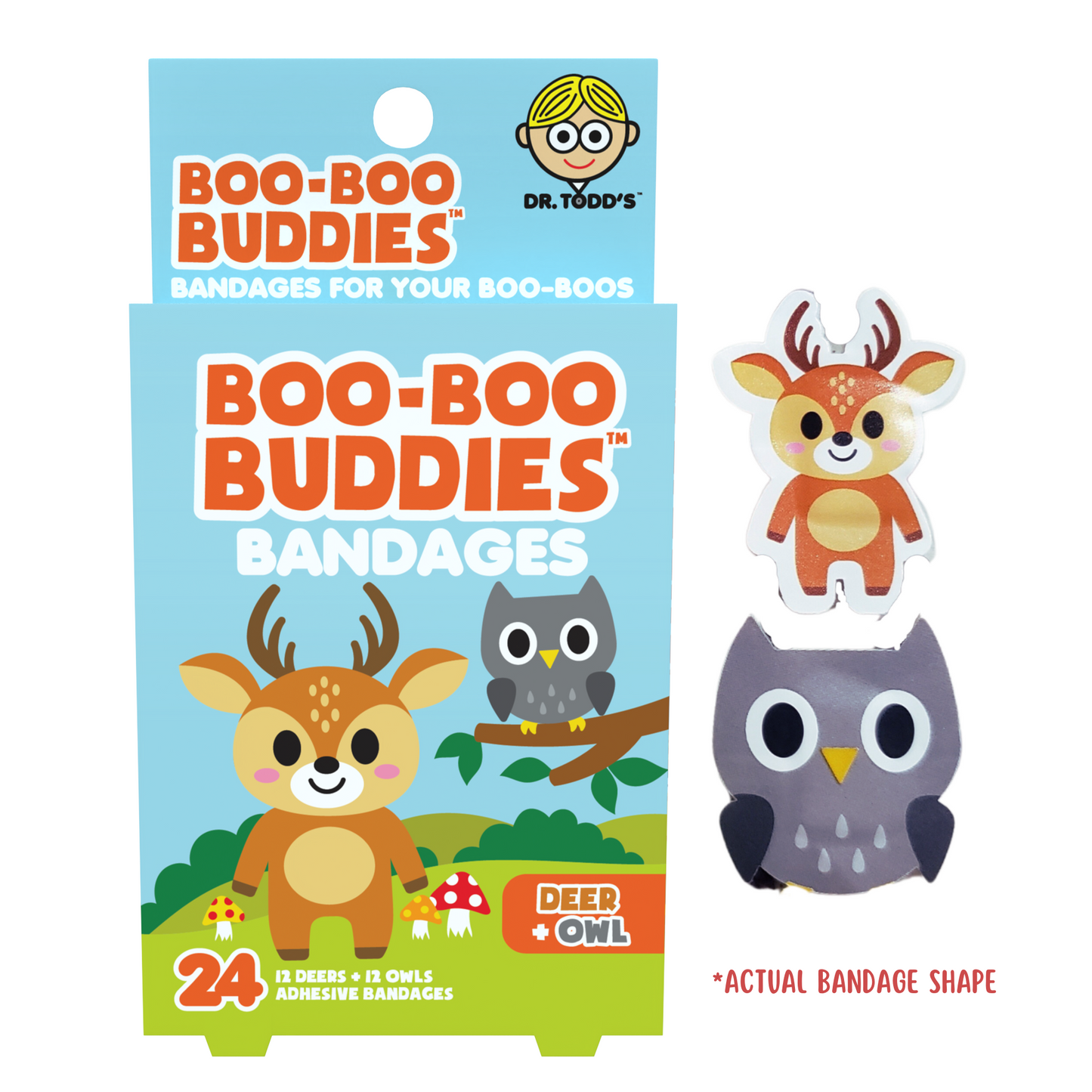 Deer & Owl Bandages for Kids – Waterproof, Latex-Free, 24 Count | Dr. Todd’s Boo-Boo Buddies®