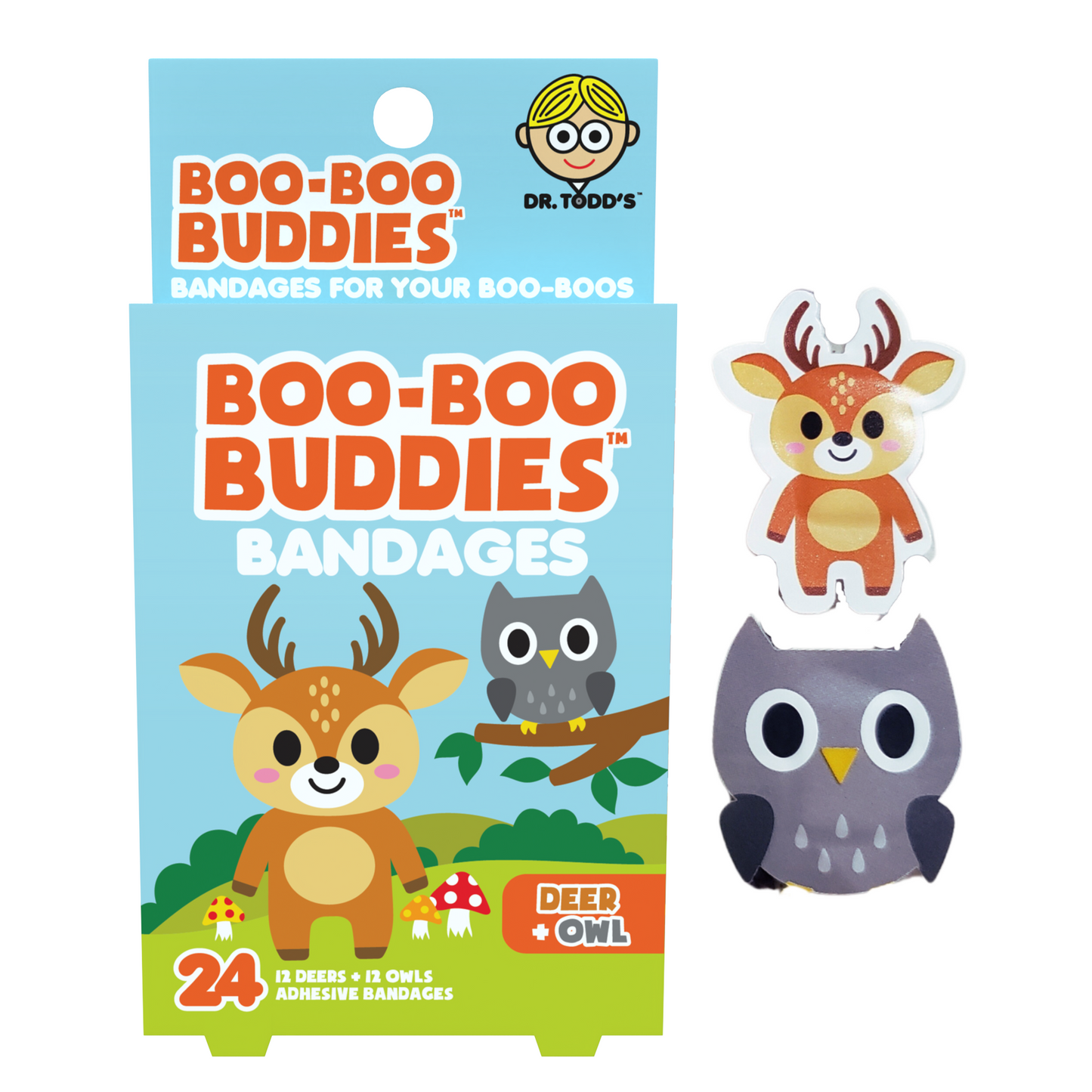 Deer & Owl Bandages for Kids – Waterproof, Latex-Free, 24 Count | Dr. Todd’s Boo-Boo Buddies®
