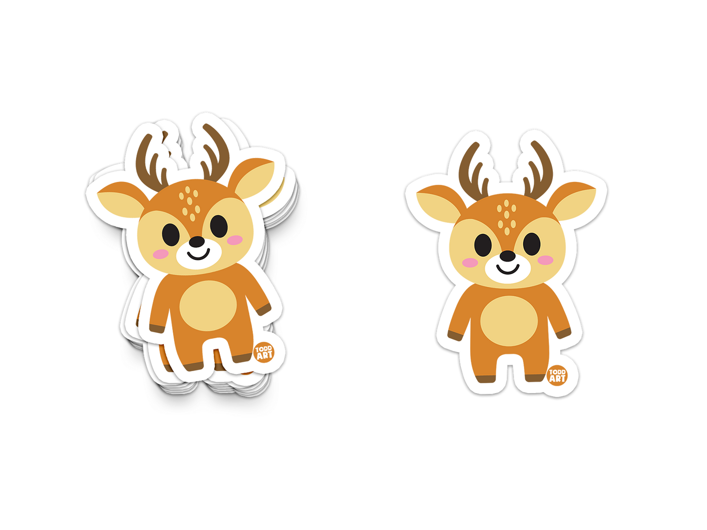 Smiling cartoon deer sticker with antlers and pink cheeks