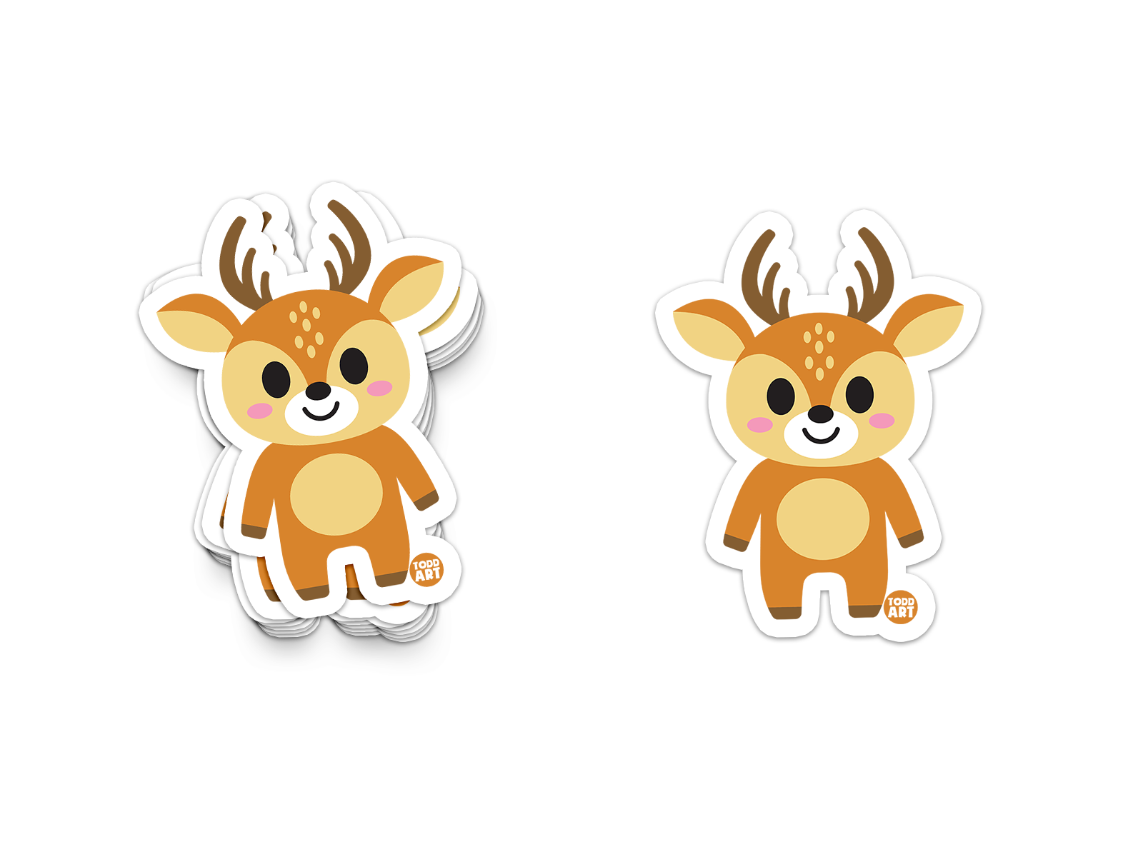 Smiling cartoon deer sticker with antlers and pink cheeks