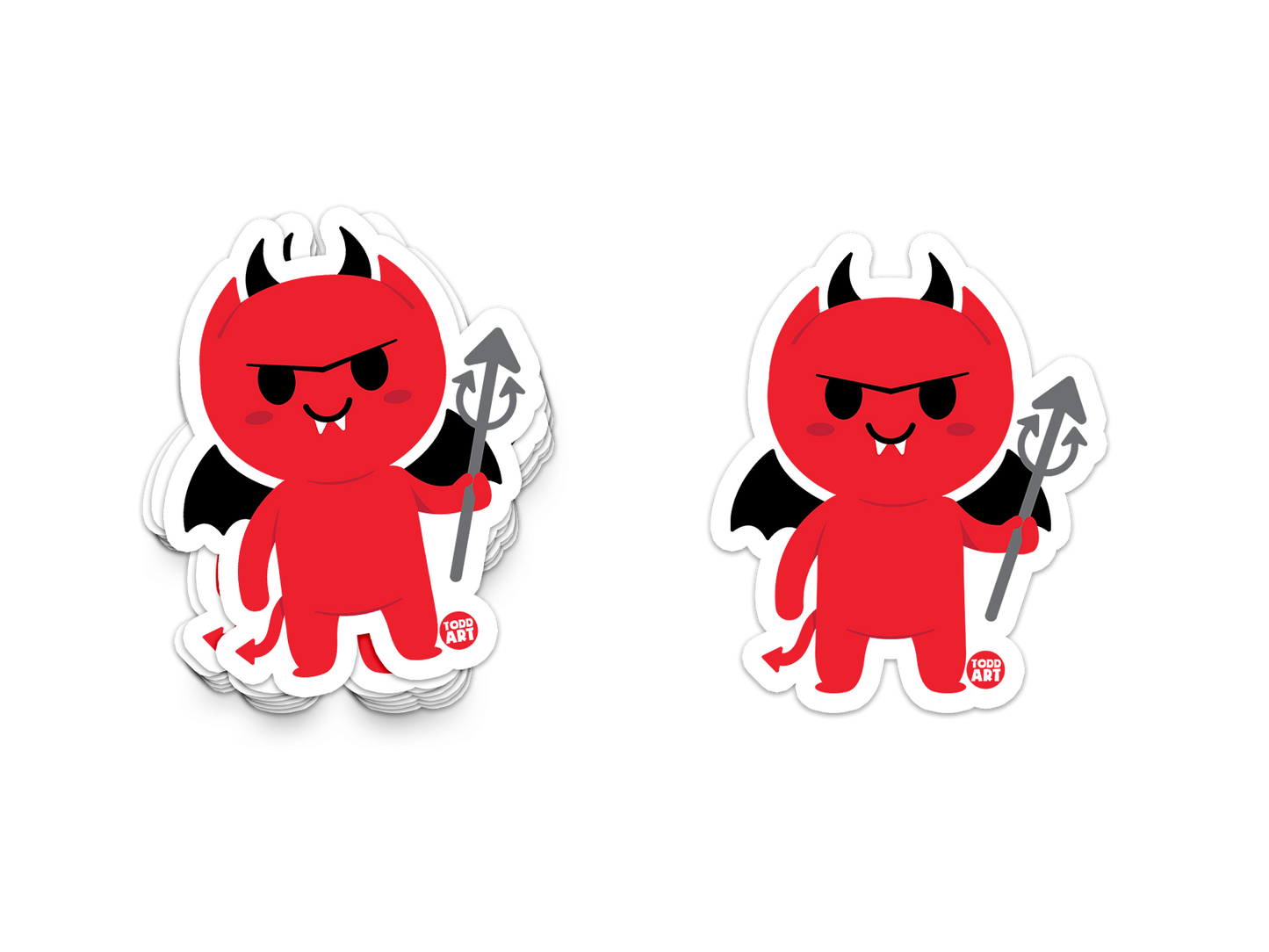 Cute red devil sticker with horns, wings, and a trident