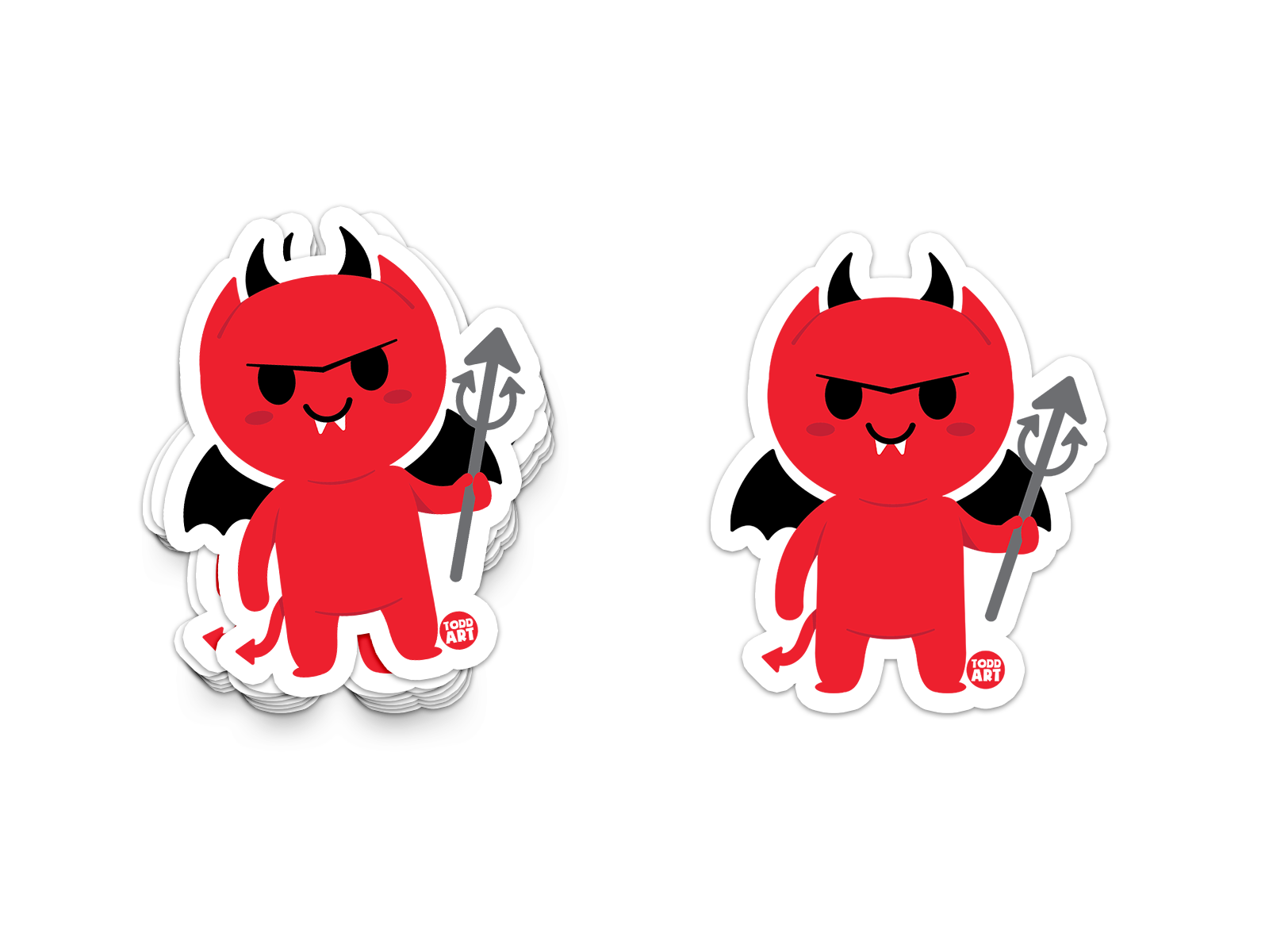 Cute red devil sticker with horns, wings, and a trident
