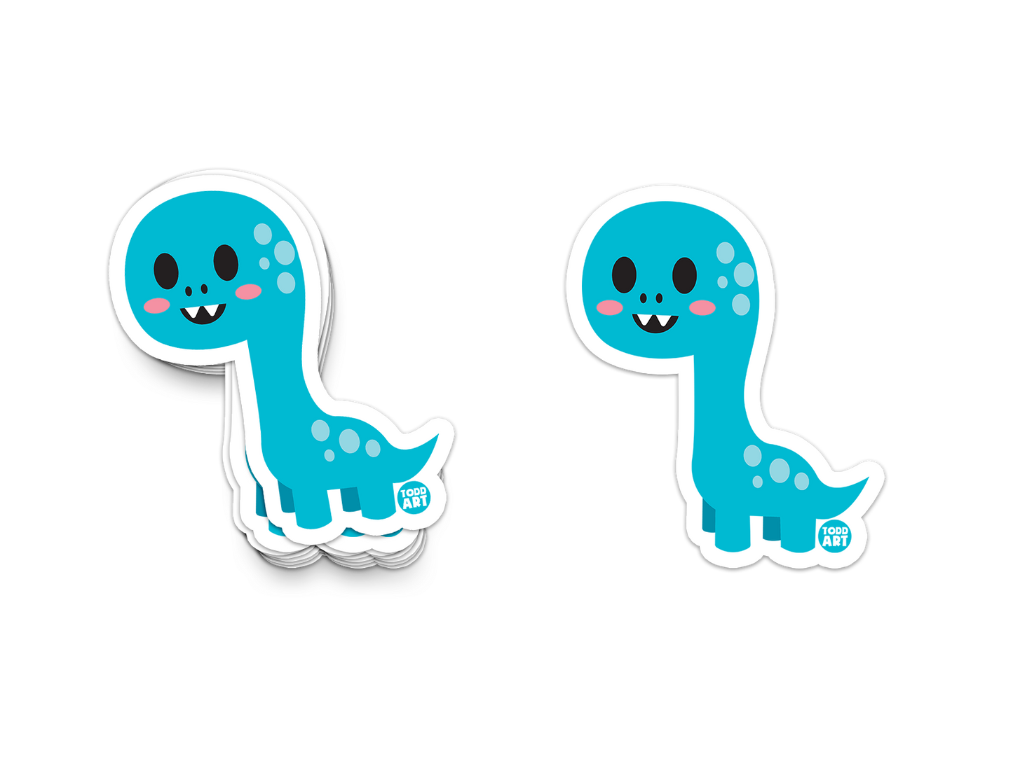 Smiling blue cartoon dinosaur sticker with chubby tail and pink cheeks