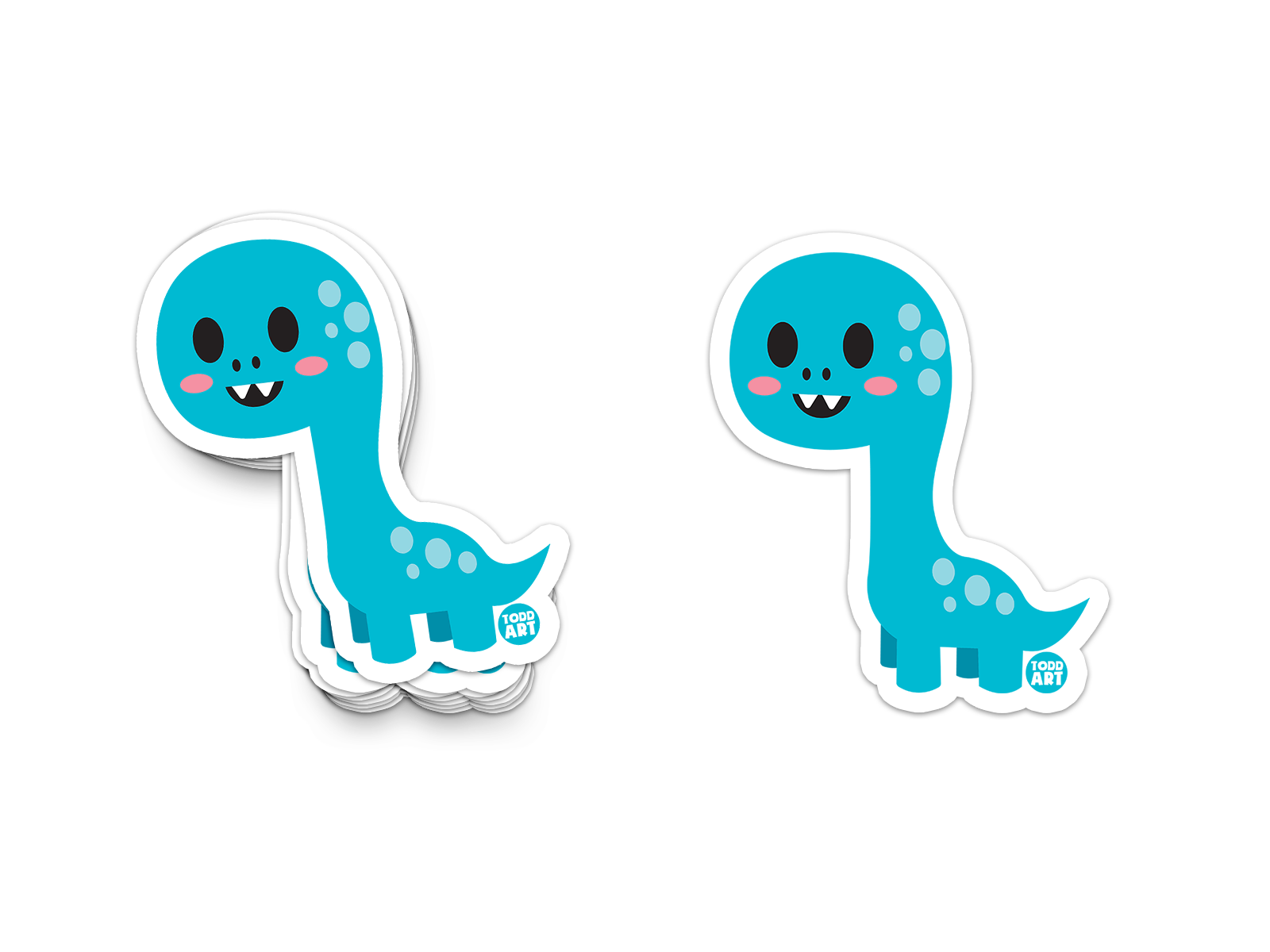 Smiling blue cartoon dinosaur sticker with chubby tail and pink cheeks