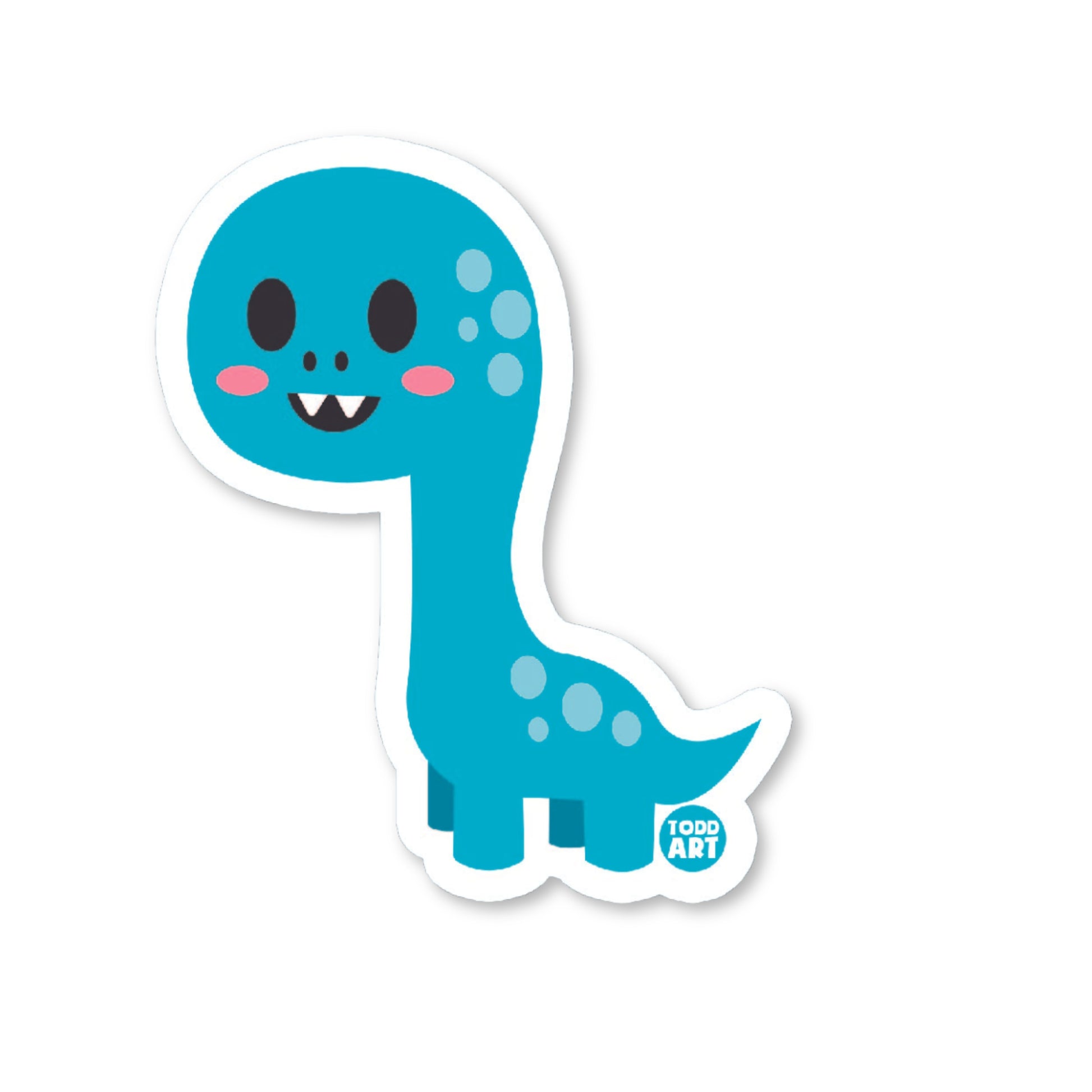 Smiling blue cartoon dinosaur sticker with chubby tail and pink cheeksc